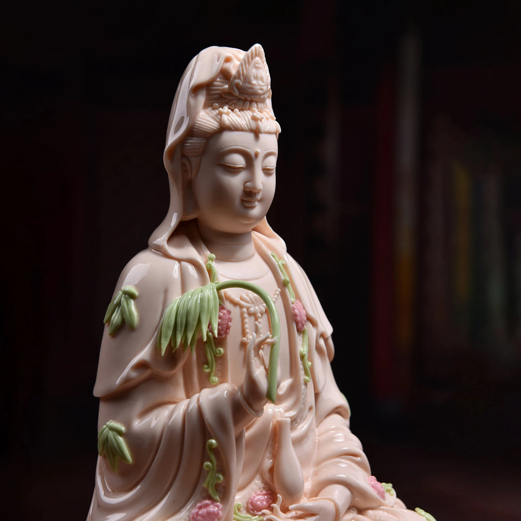 Close view of pale green bamboo and pink blossoms on the rose glaze