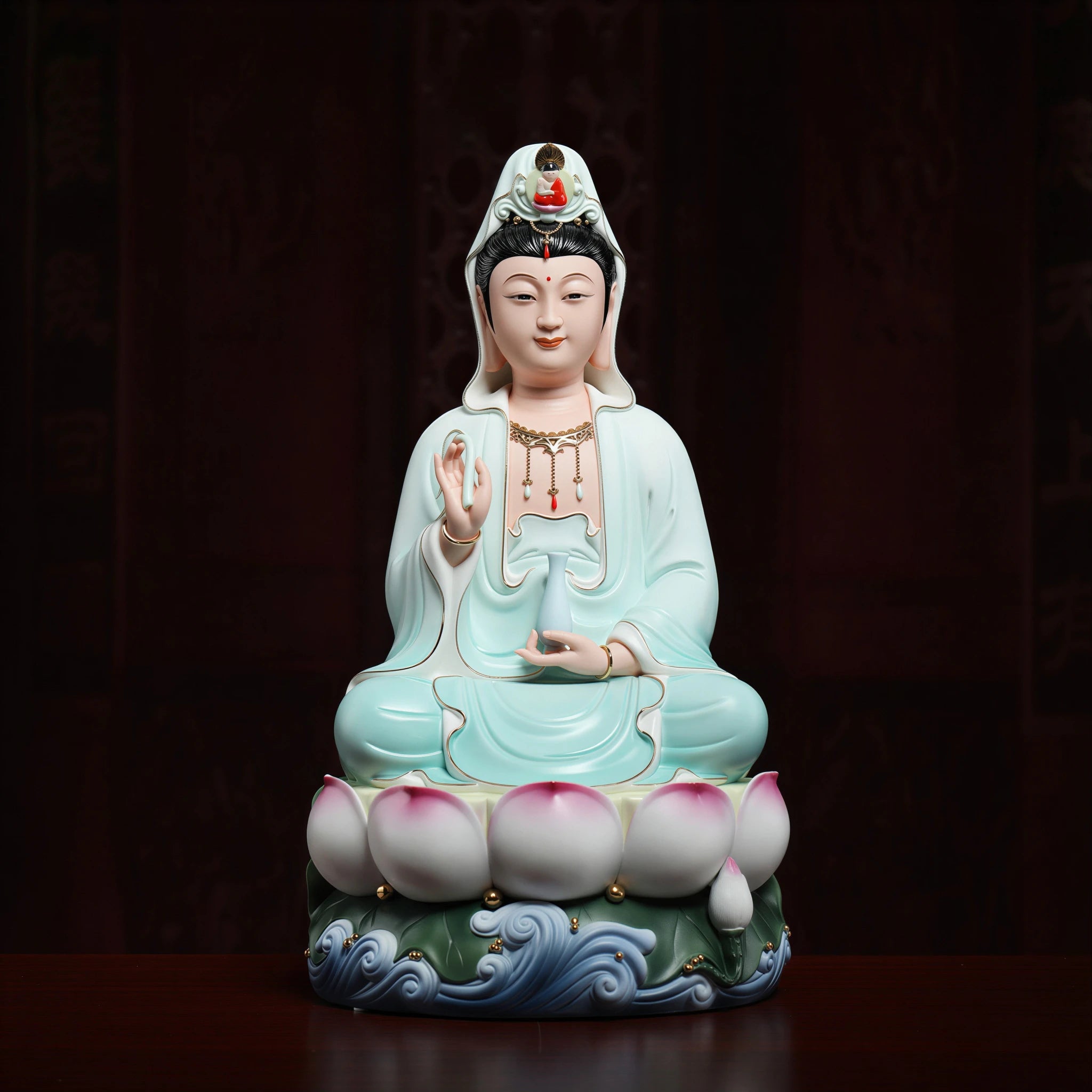 Front view of a Dehua Guanyin in a pale blue robe