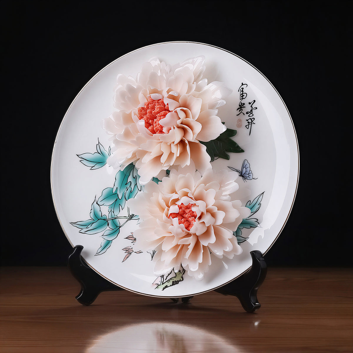 Full view of the Dehua porcelain plate with raised peony flowers