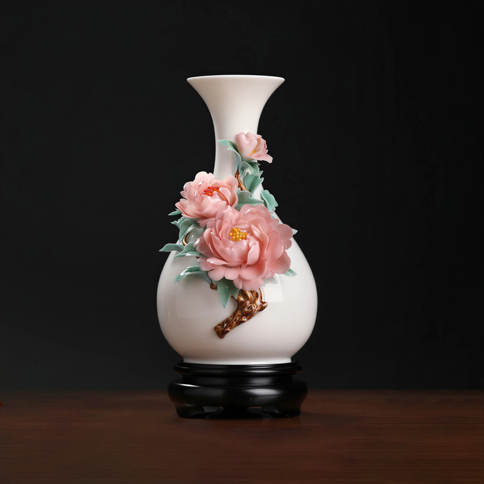Front view of a pink peony relief porcelain vase on a black stand