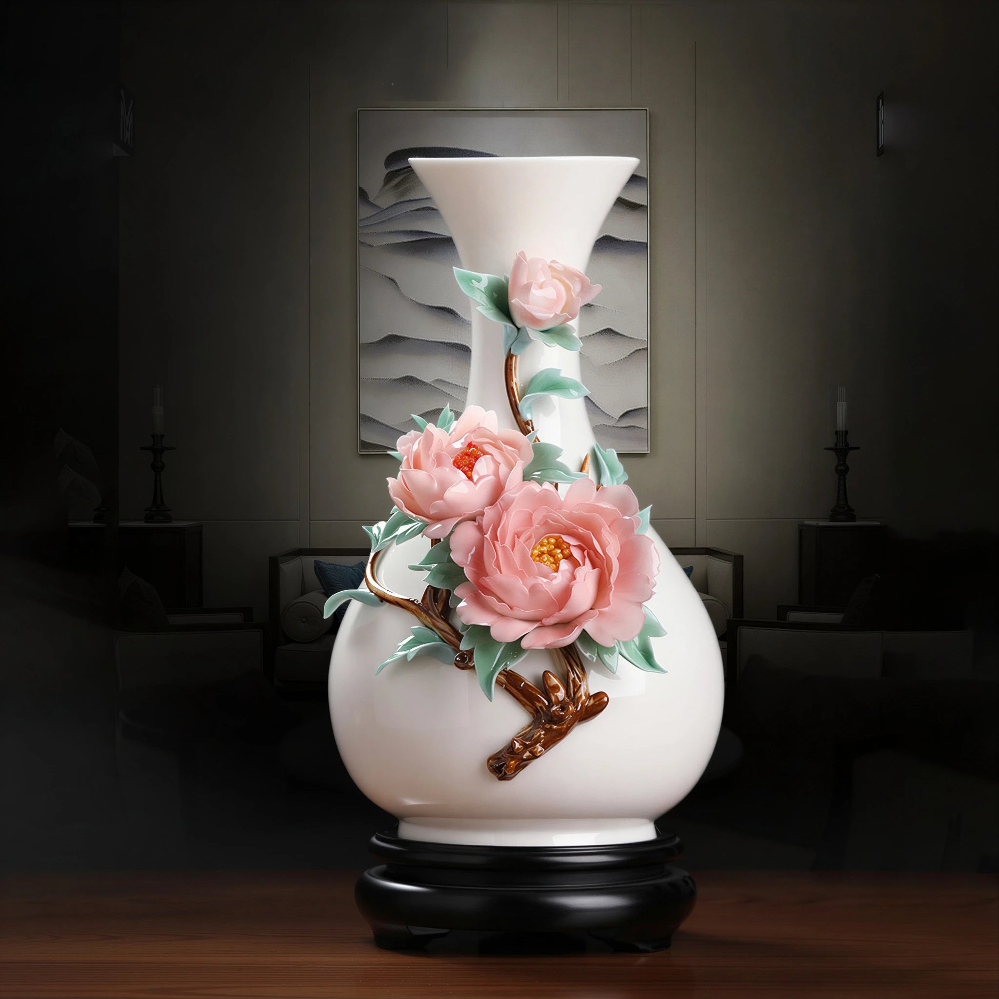 Pink peony relief vase displayed in a dark contemporary interior