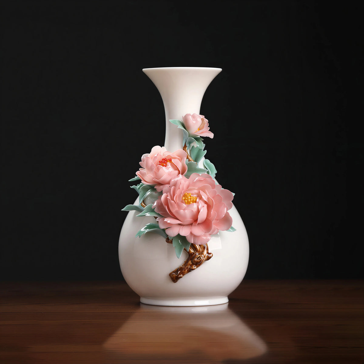 Pink peony relief porcelain vase shown without the display stand