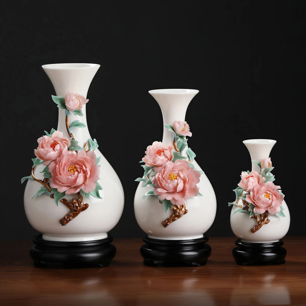 Small, medium and large pink peony relief vases displayed together