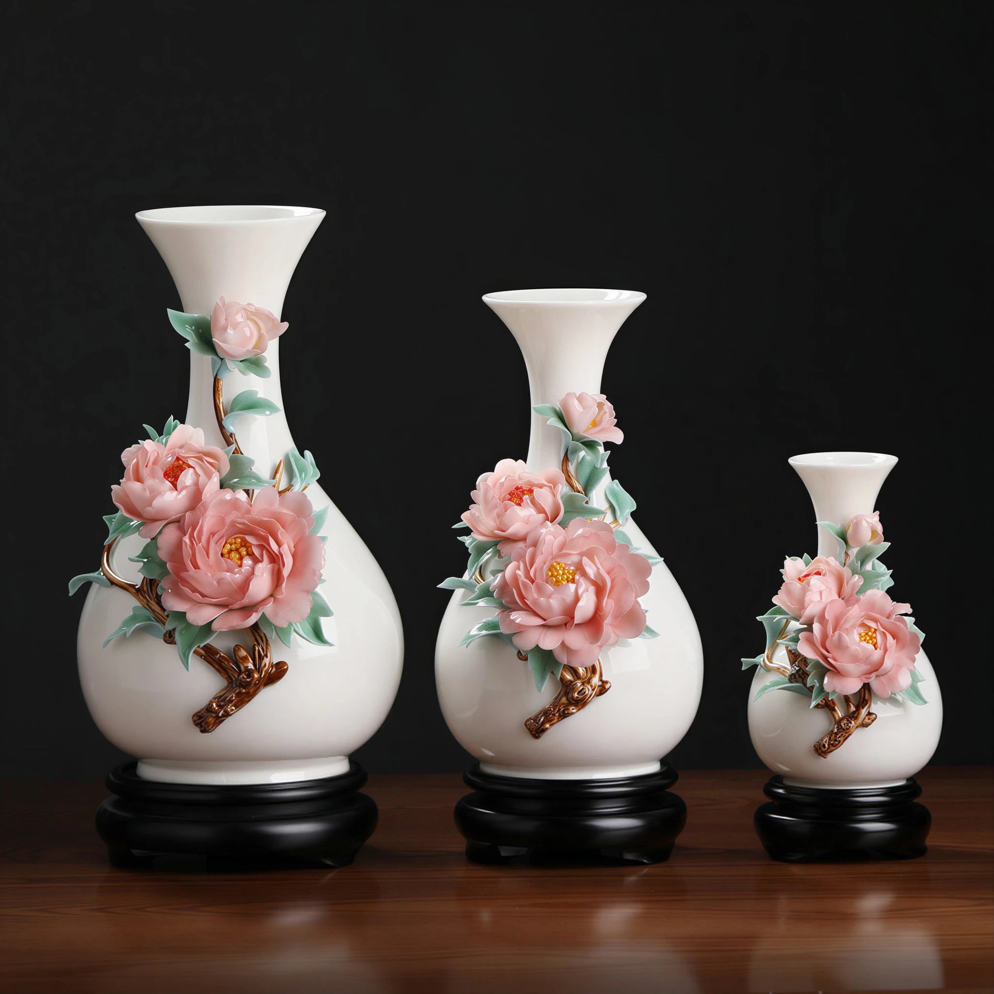 Small, medium and large pink peony relief vases displayed together