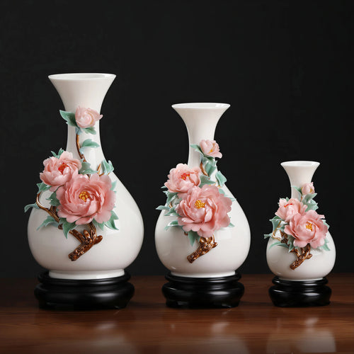 Small, medium and large pink peony relief vases displayed together