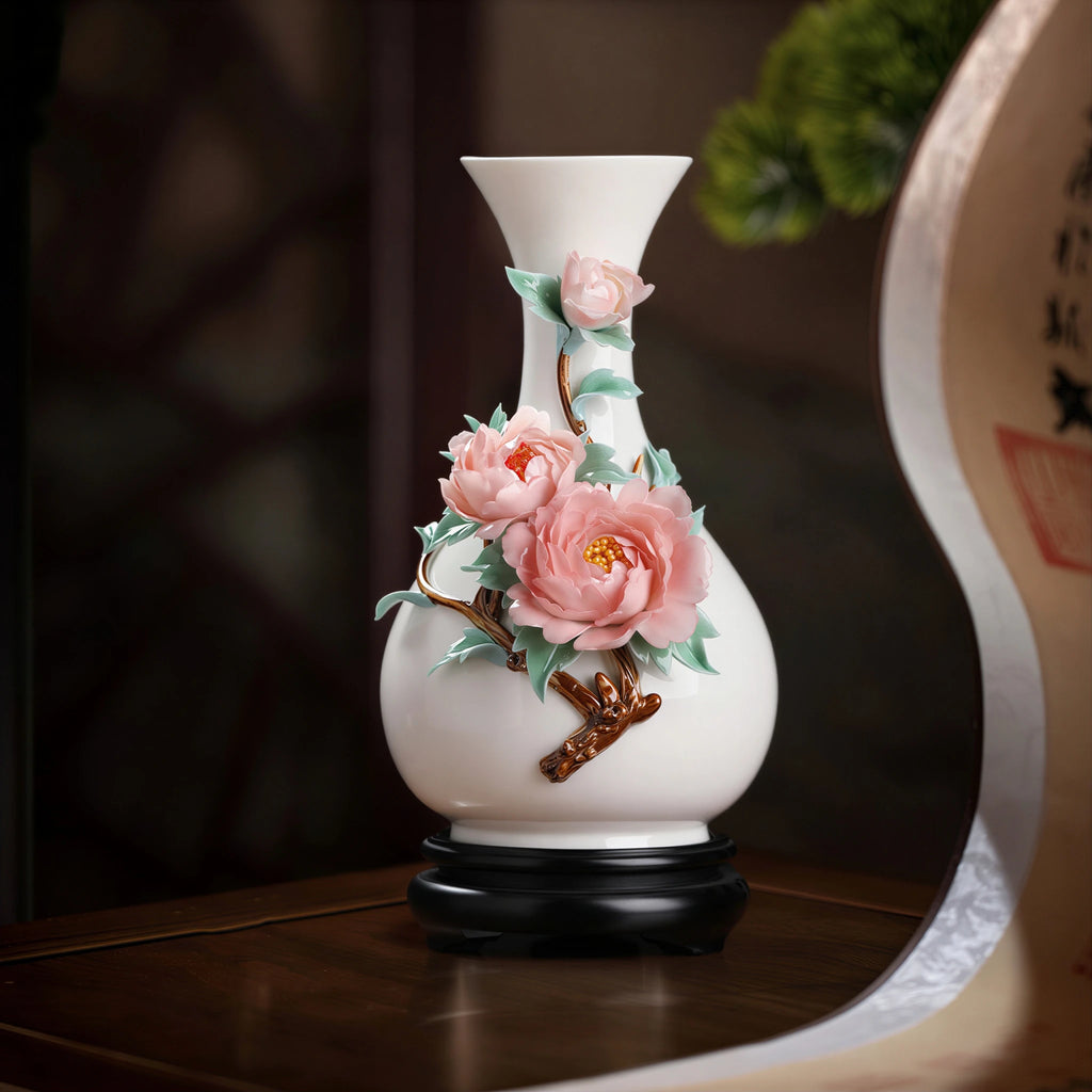 Pink peony relief vase shown on a table for scale
