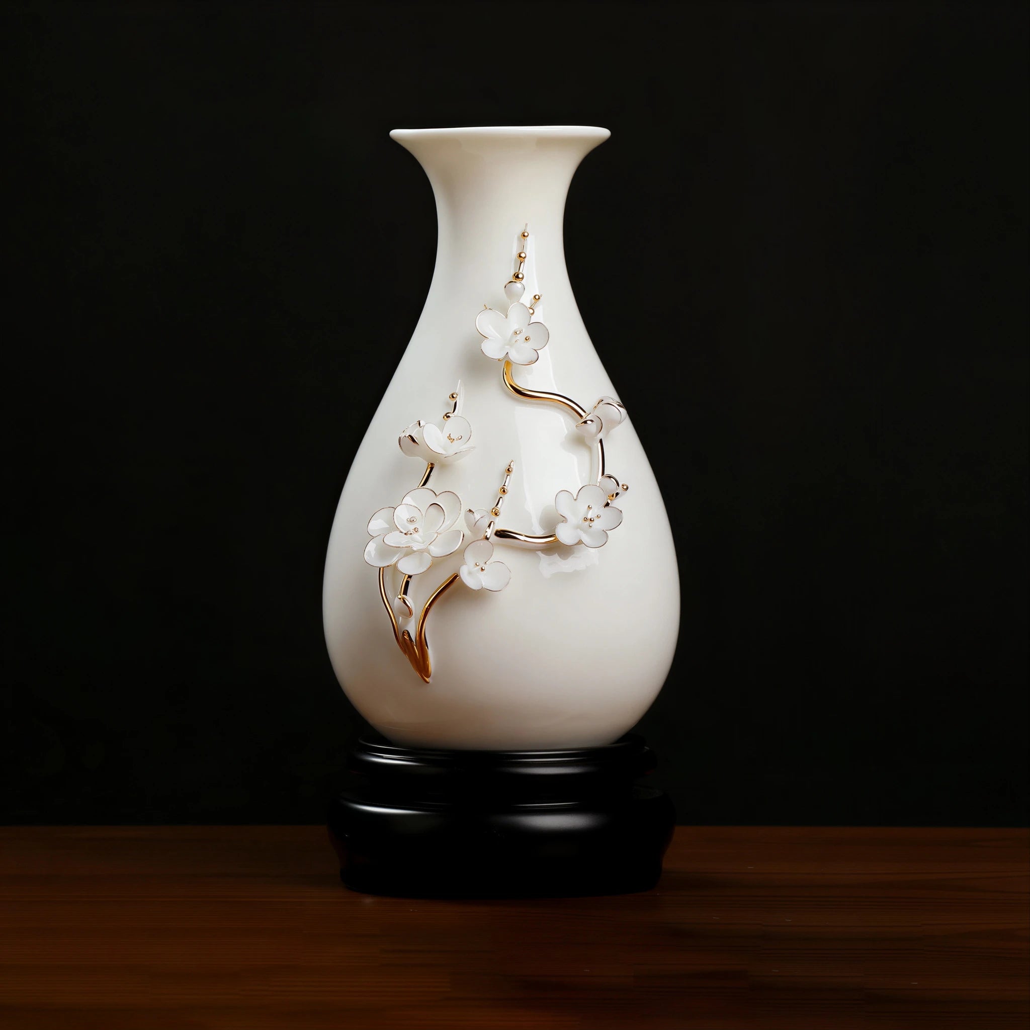 Front view of a white Dehua pear-shaped vase with raised plum blossom relief
