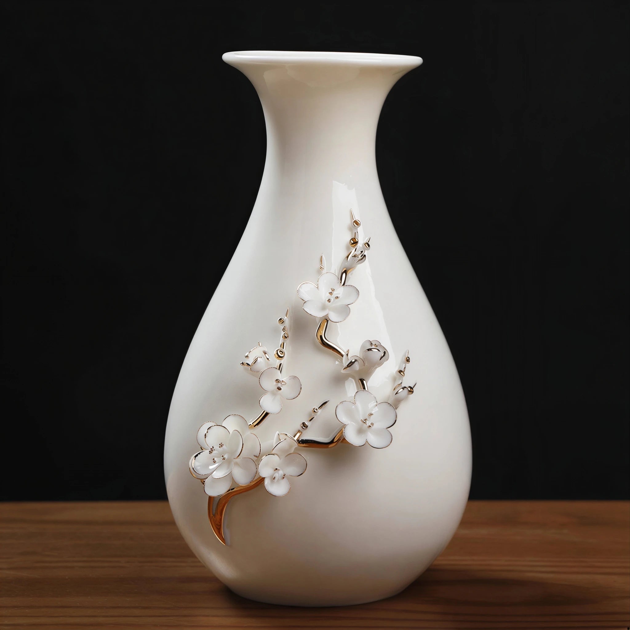 Dehua plum blossom relief vase with presentation box and wooden base