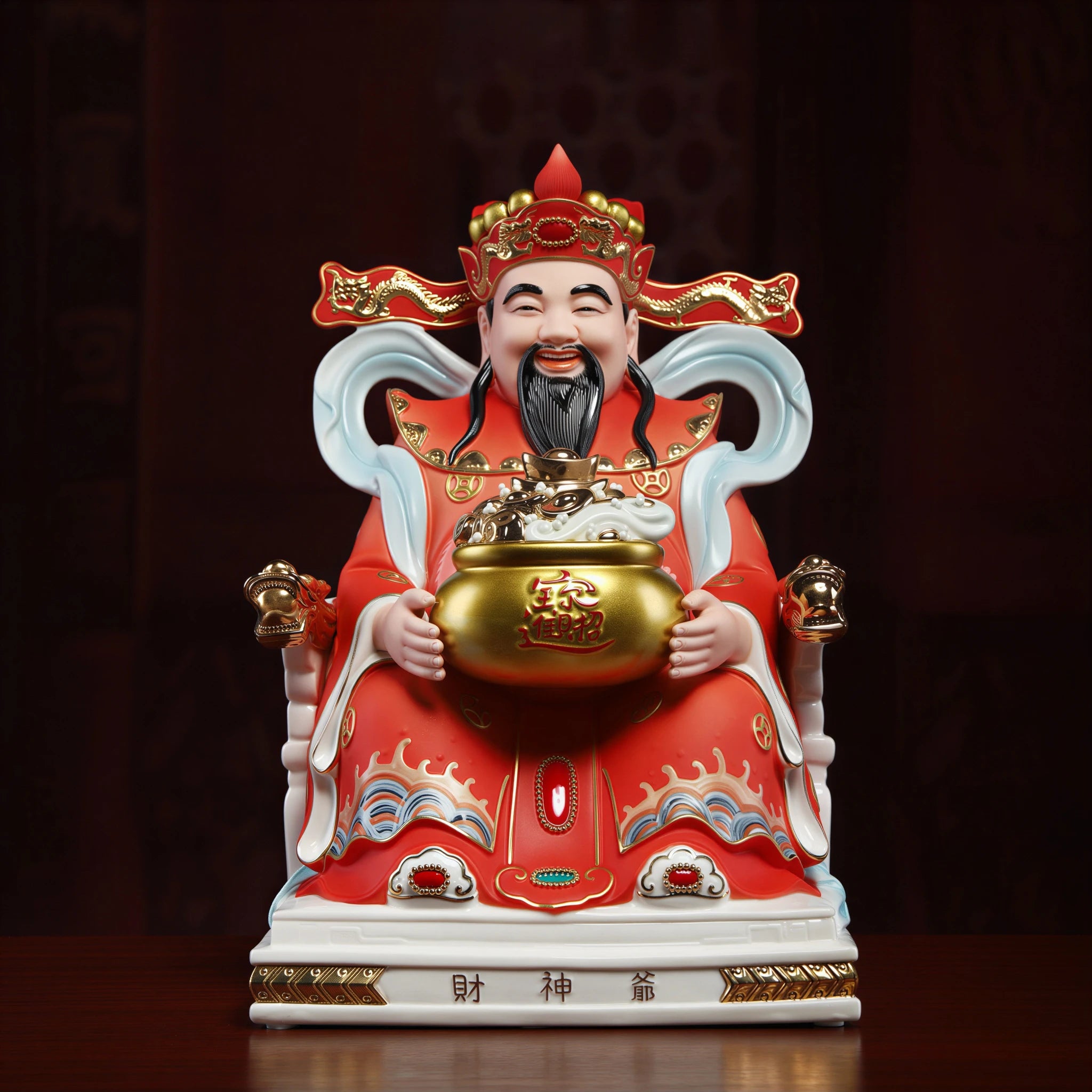 Crimson Caishen porcelain sculpture holding a treasure bowl