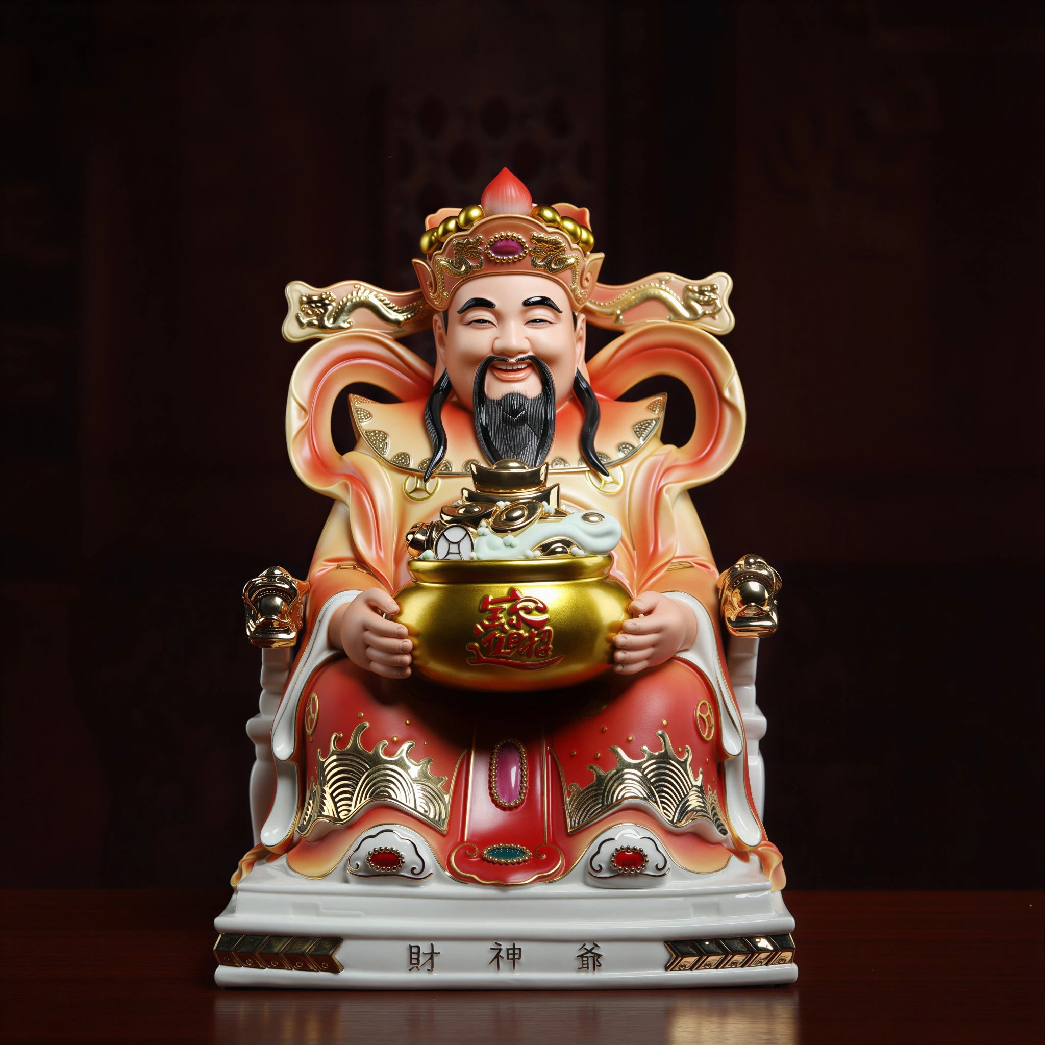 Dual-tone Dehua Caishen with a gold-colored treasure bowl
