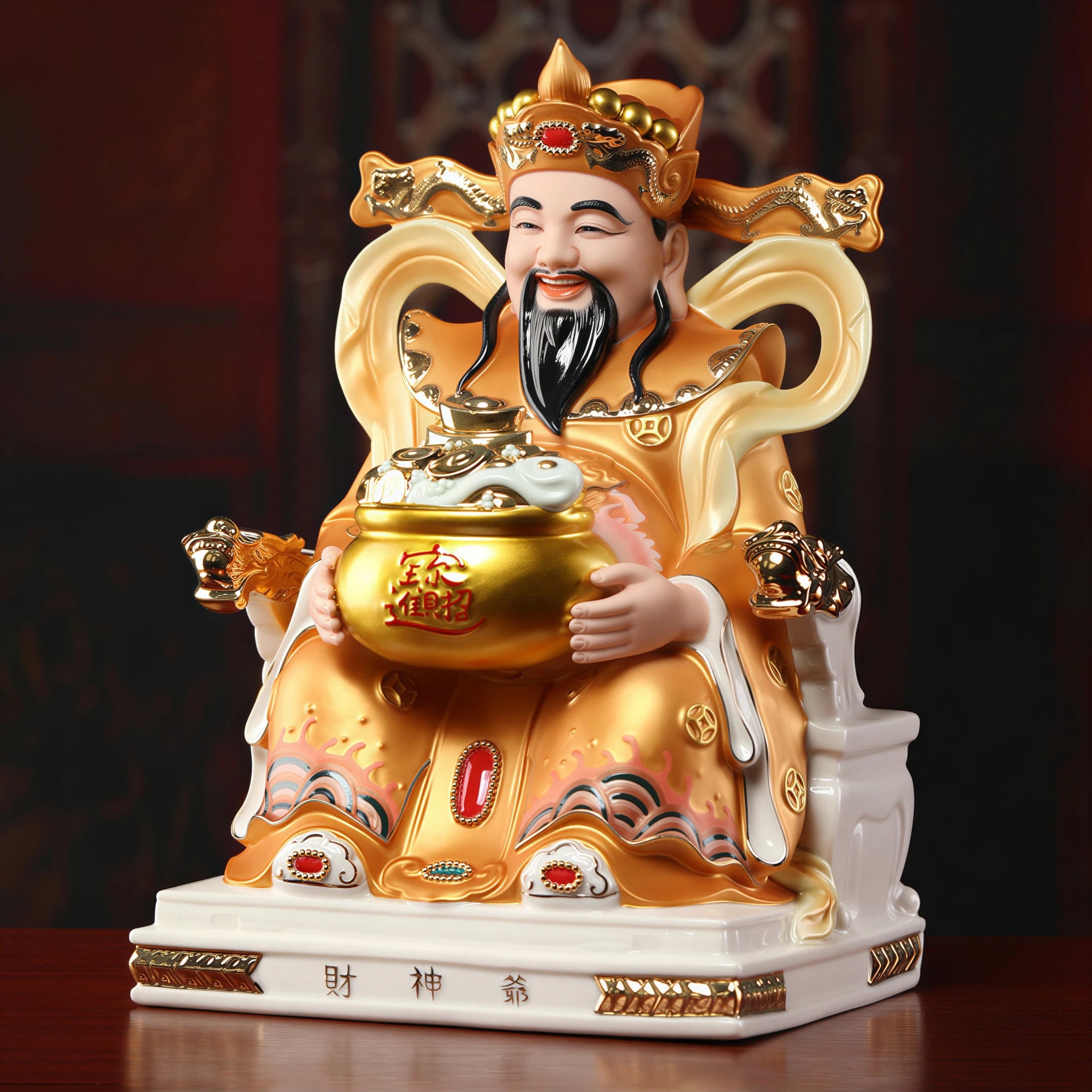 Polychrome Caishen sculpture displayed in a formal office setting
