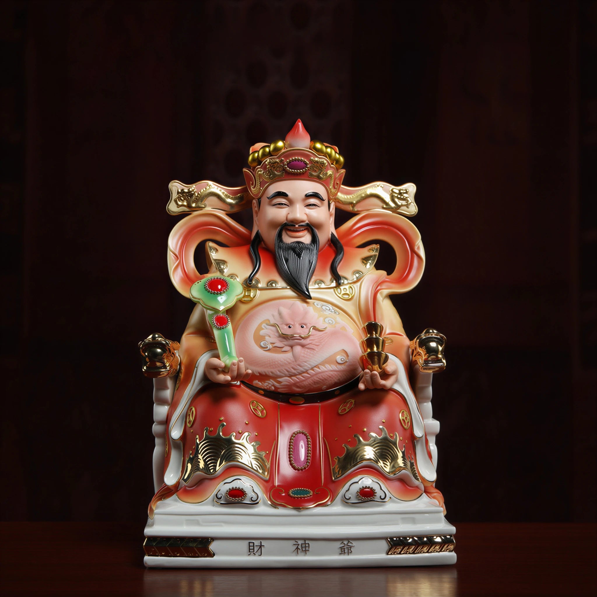 Dual-tone Caishen sculpture holding stacked gold-colored ingots