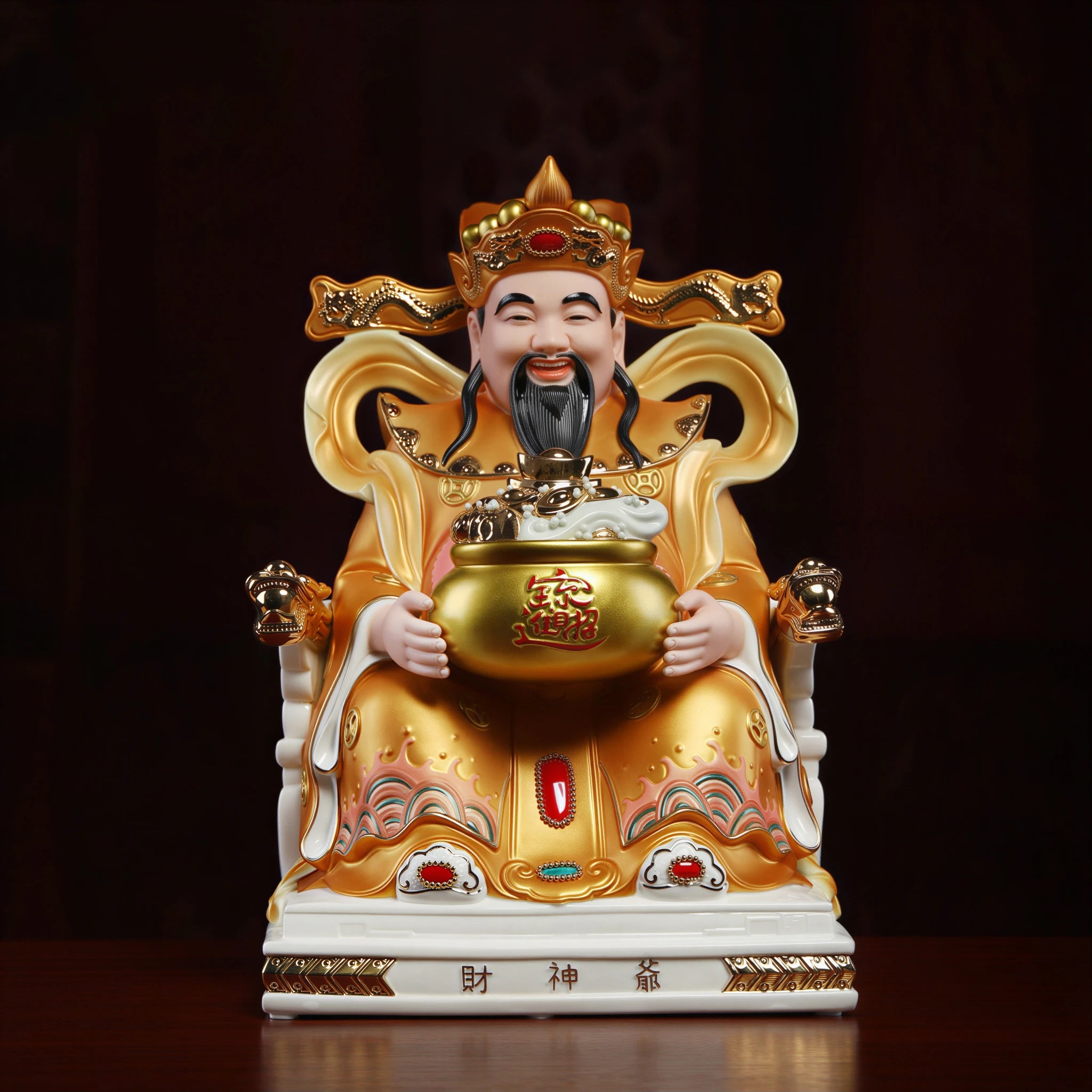 Imperial-yellow Caishen porcelain sculpture holding a treasure bowl