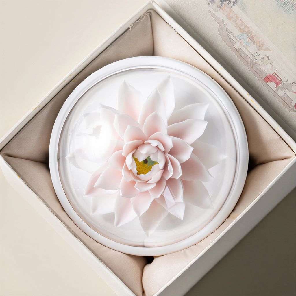White porcelain lotus arranged inside its presentation box