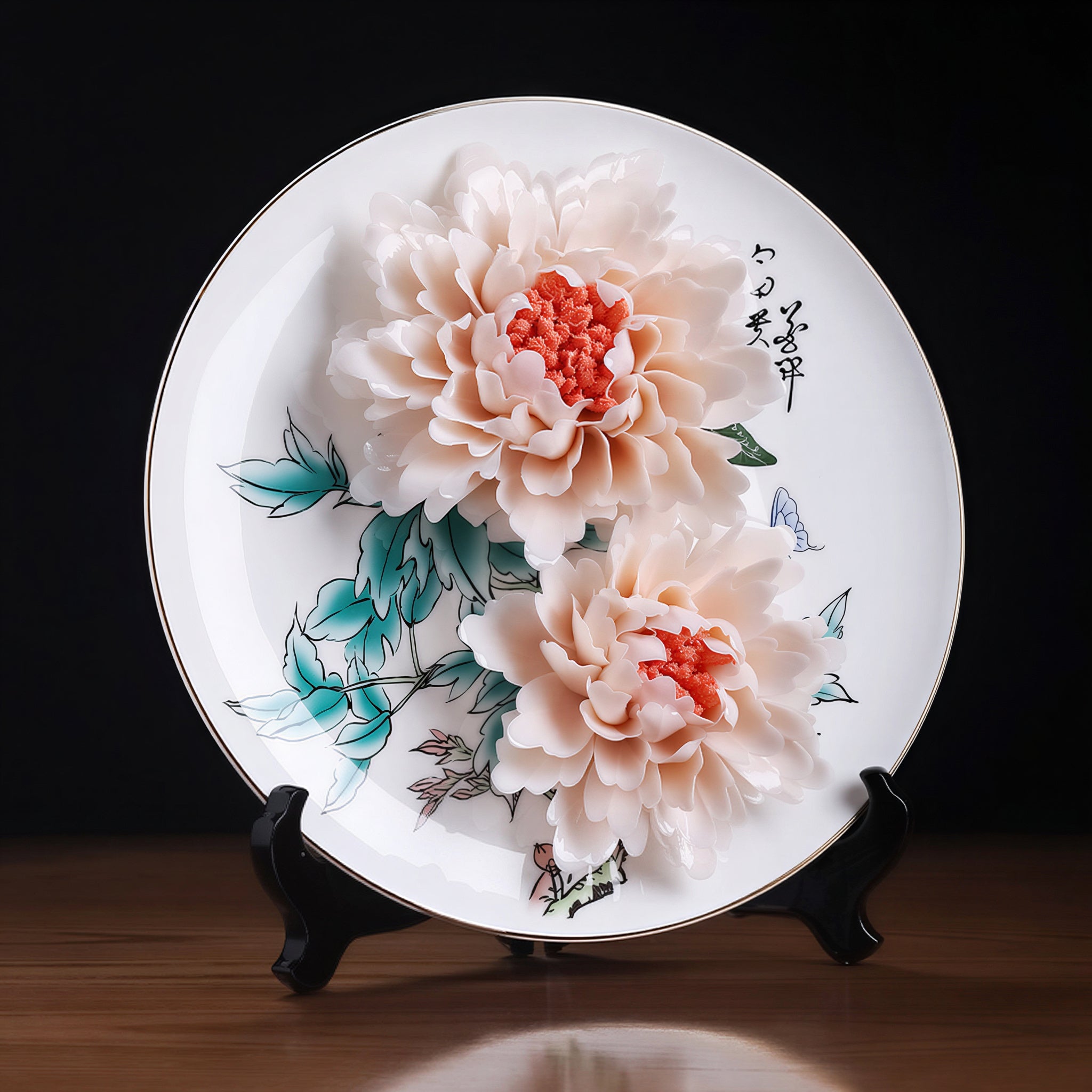 Angled view of hand-modeled peonies on a Dehua porcelain plate