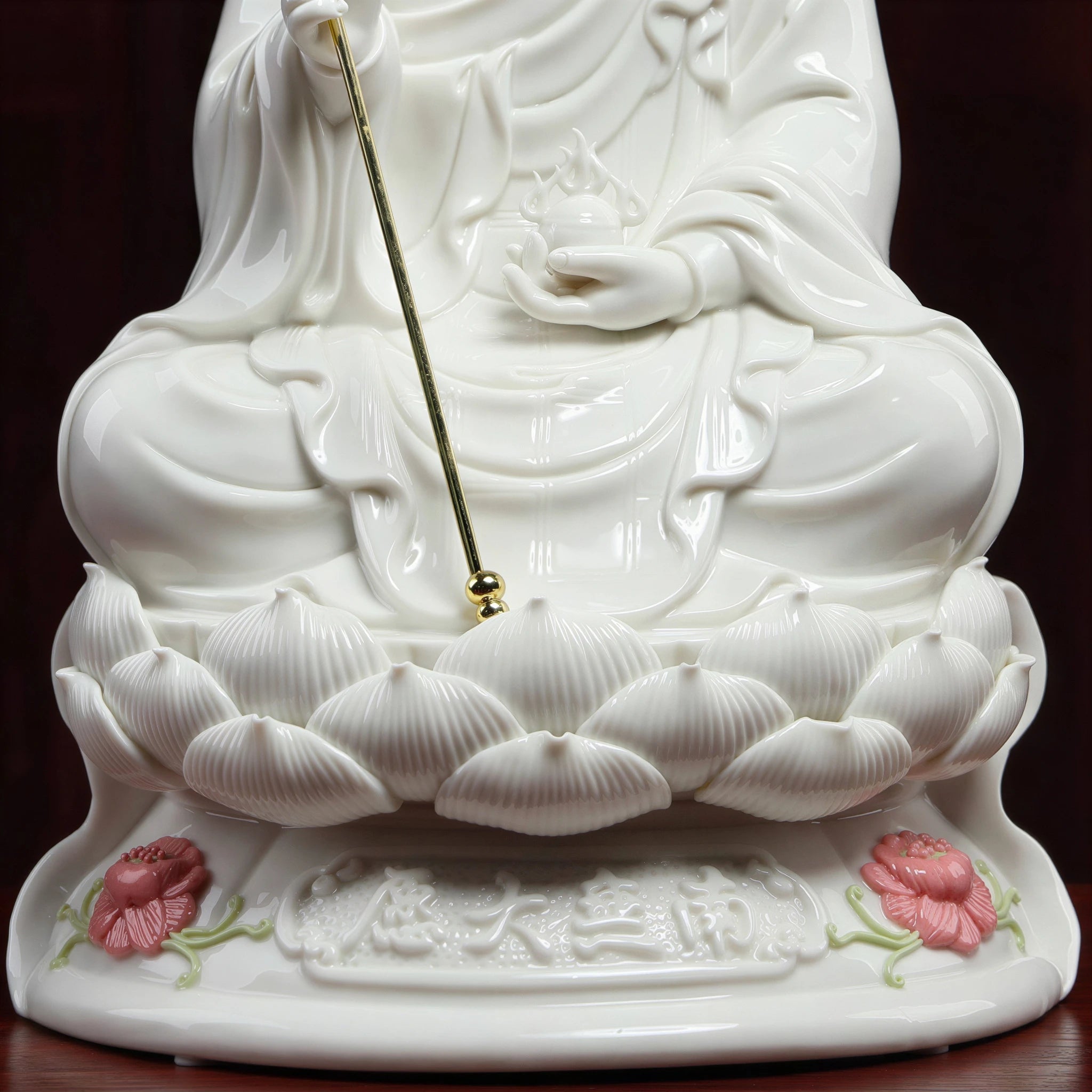 Front view of the pure-white seated Ksitigarbha sculpture