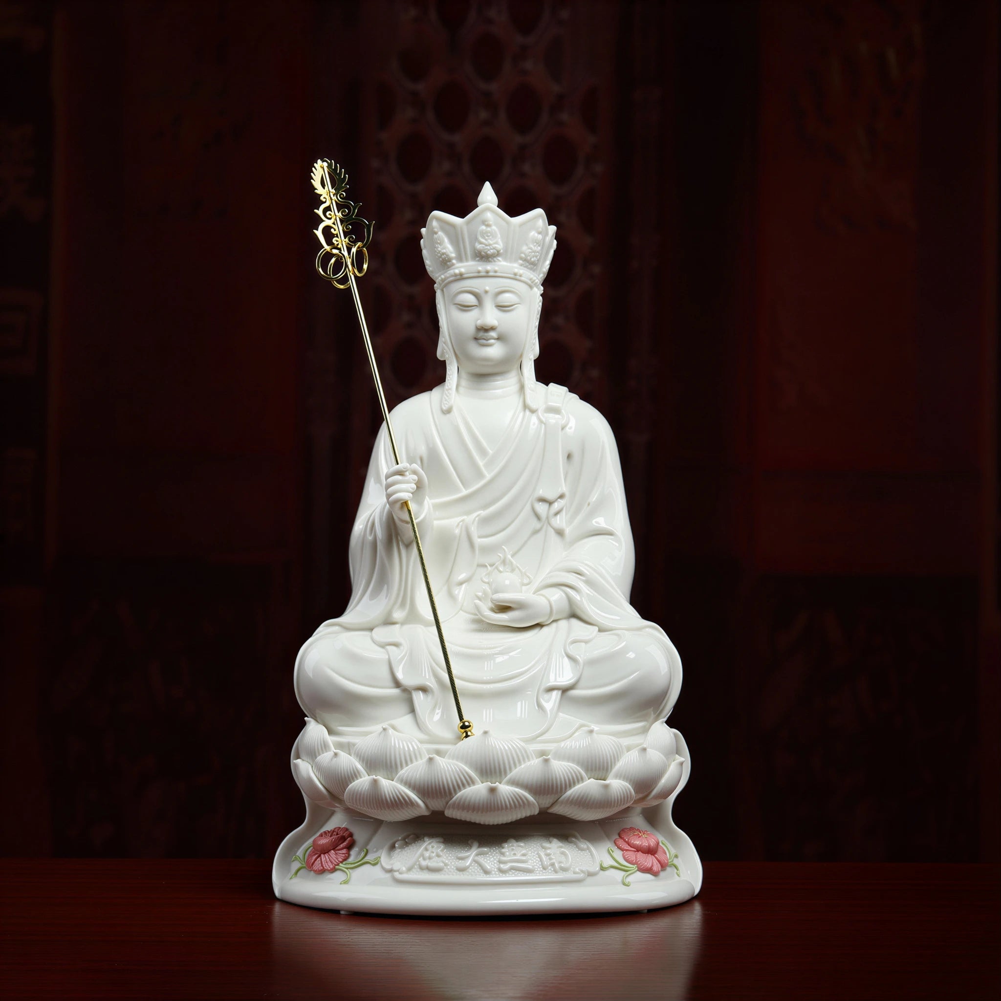 Side view of the pure-white Ksitigarbha on a lotus pedestal