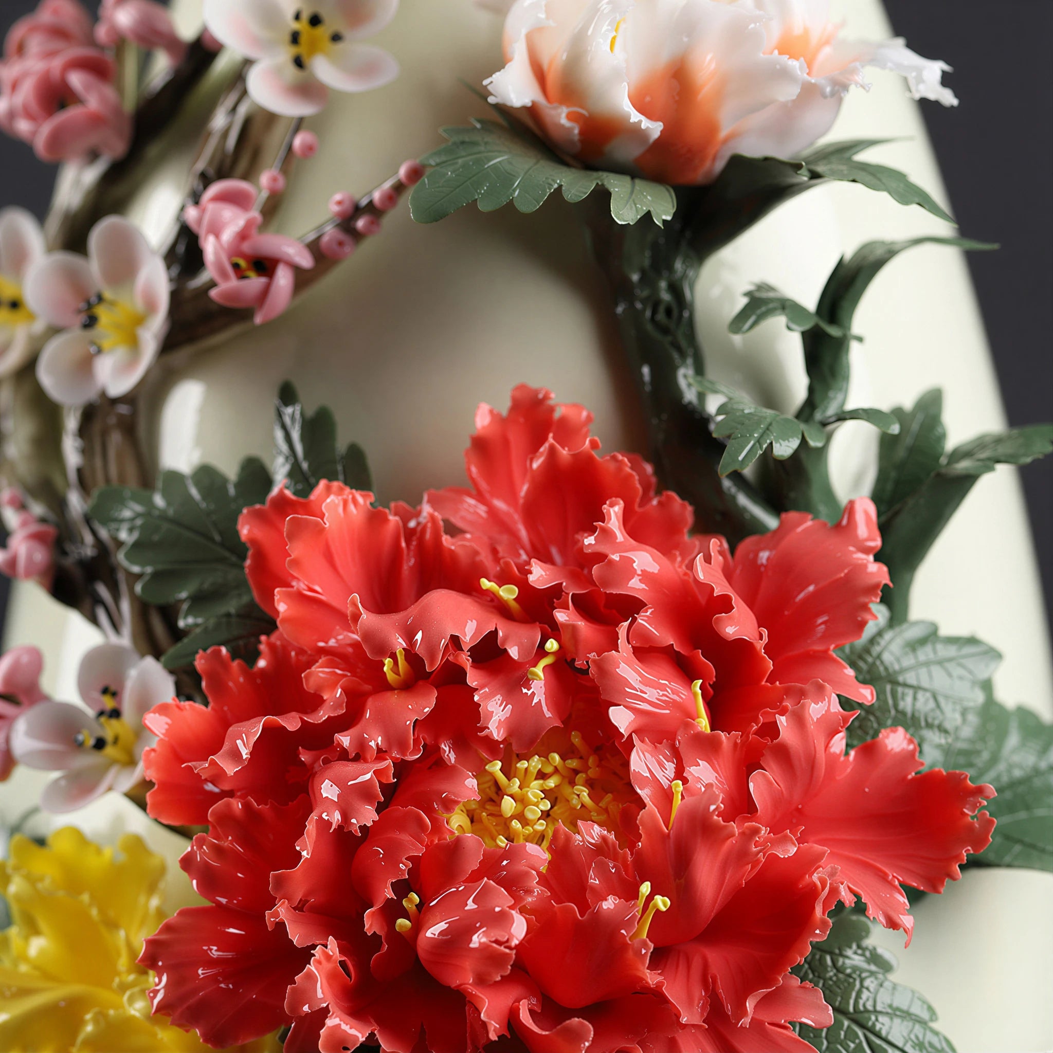Close view of red and yellow hand-modeled peonies on the porcelain vase