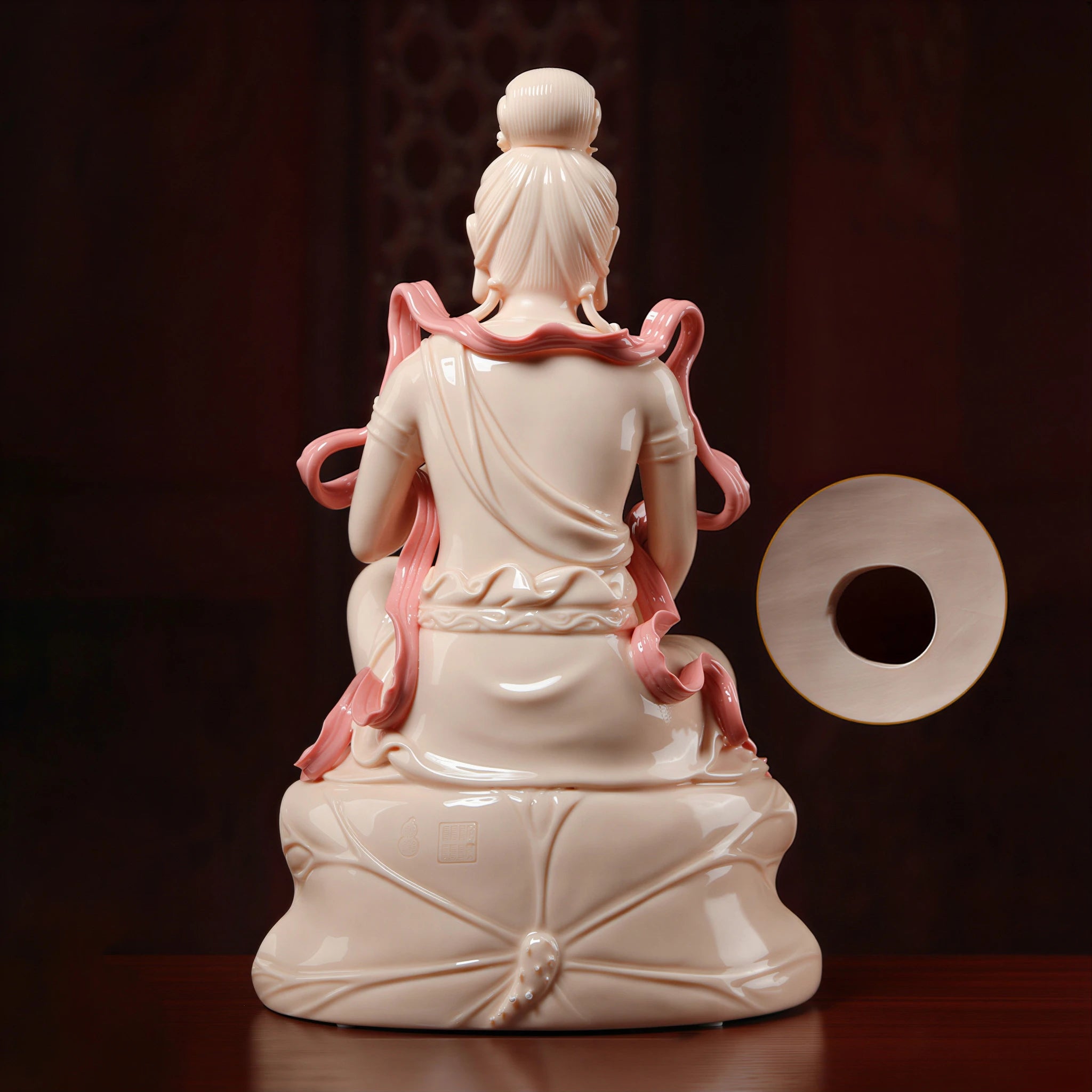 Rear view of the jade-white Samantabhadra sculpture and flowing ribbons
