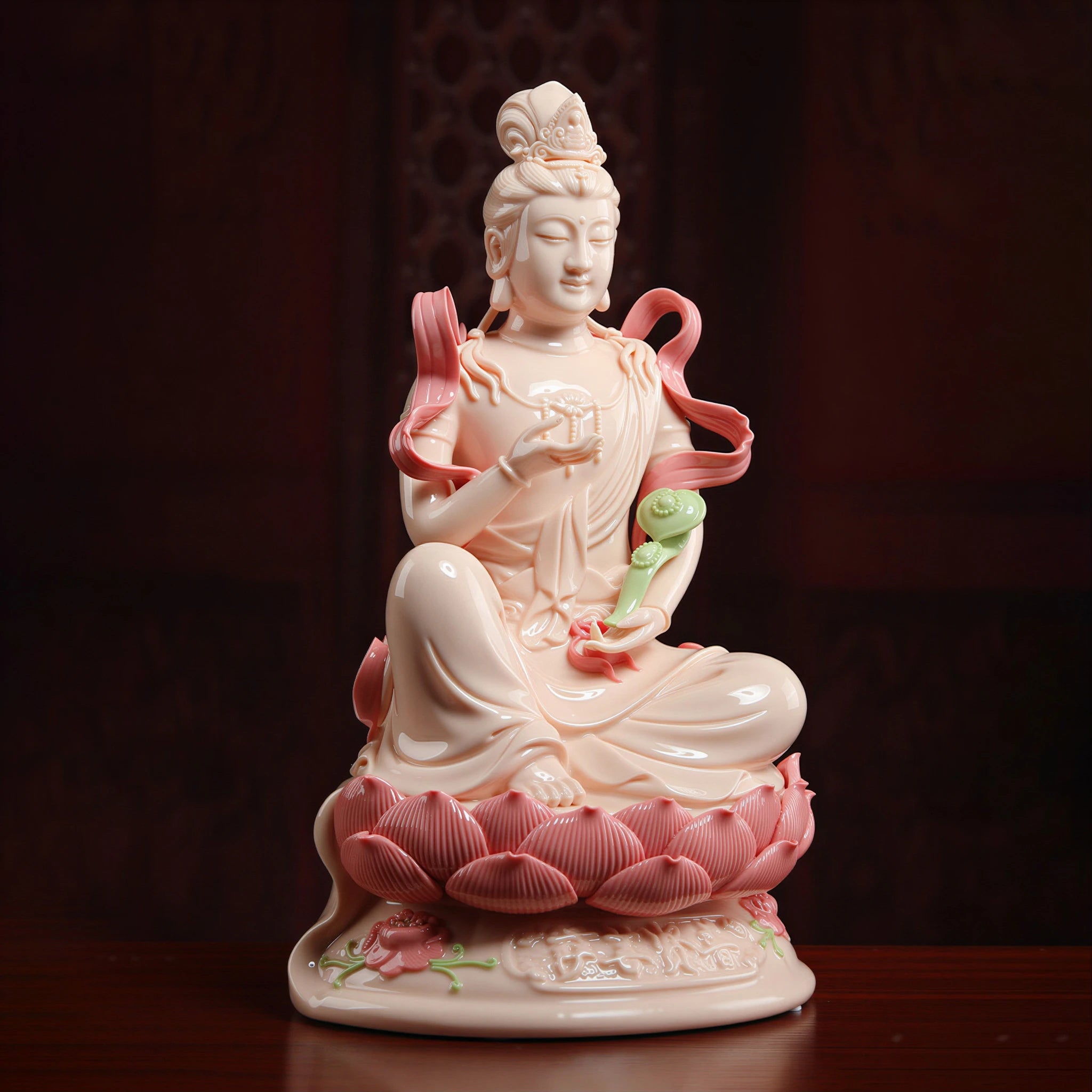 Angled view of Samantabhadra holding a green lotus stem