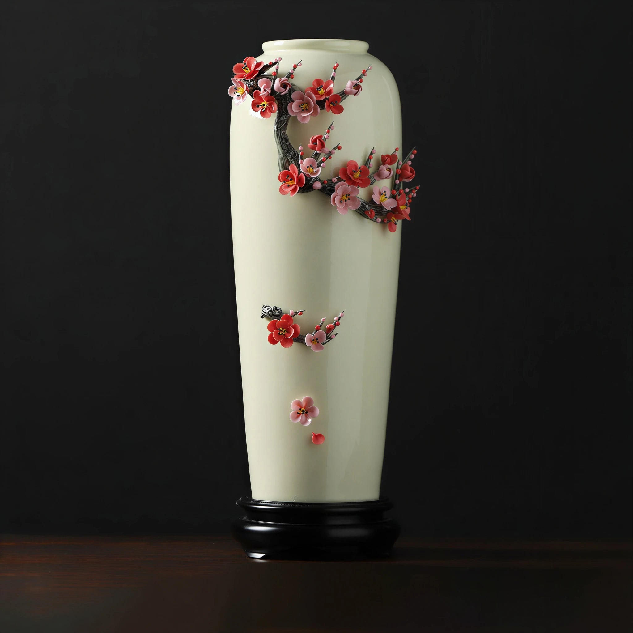 Front view of the spare-branch slender vase with falling plum blossom petals