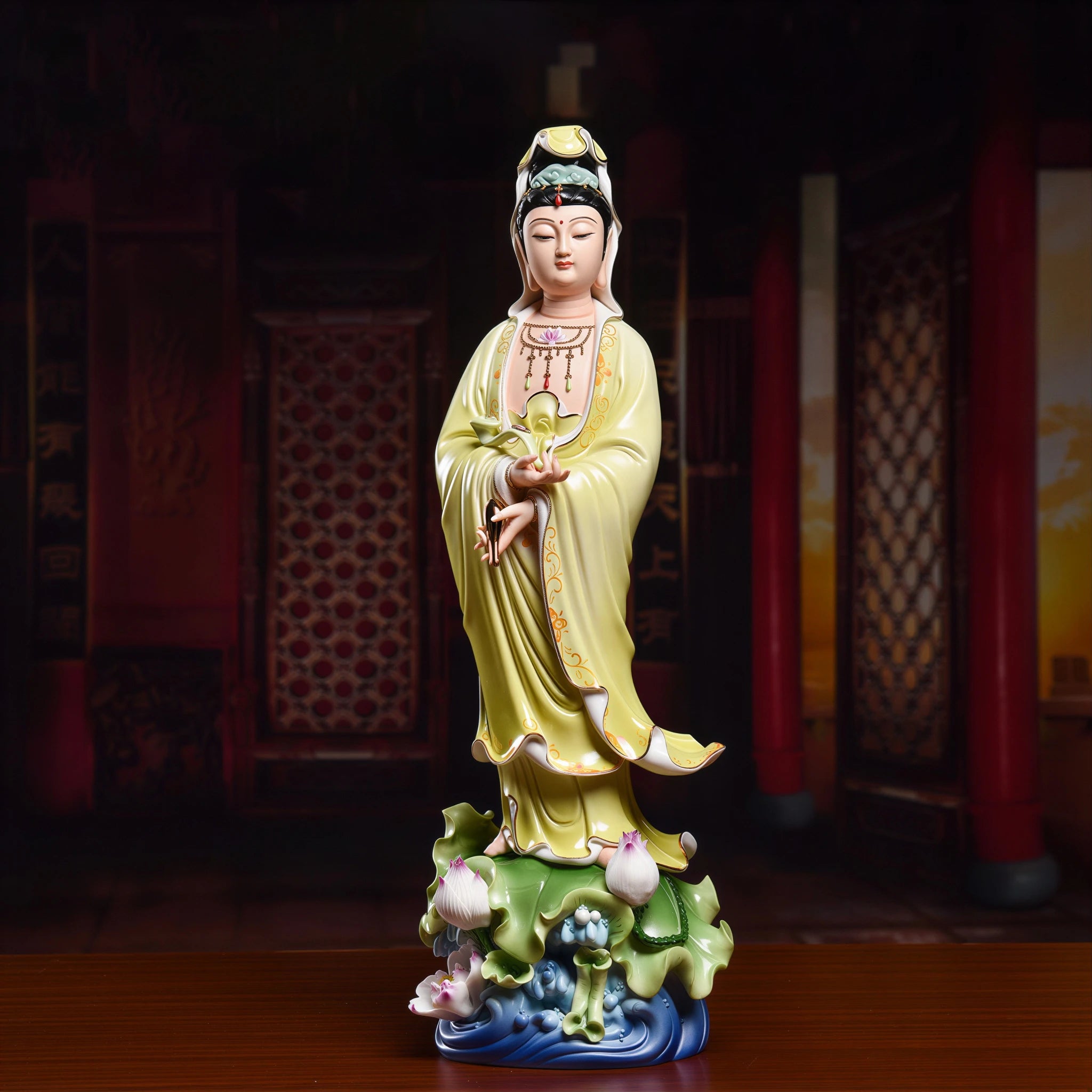 Standing Guanyin holding a ruyi scepter in green polychrome robes