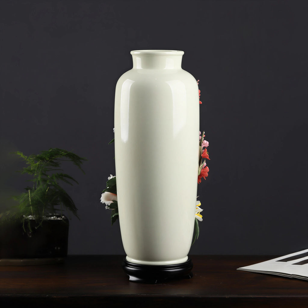Rear view of the ivory-white straight-neck porcelain vase and black stand