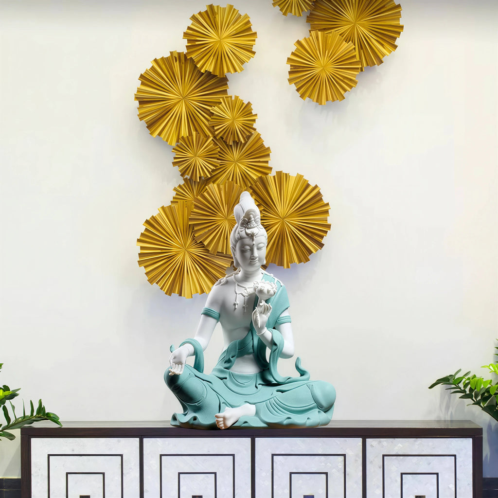 Textured teal Water Moon Guanyin displayed on a contemporary console