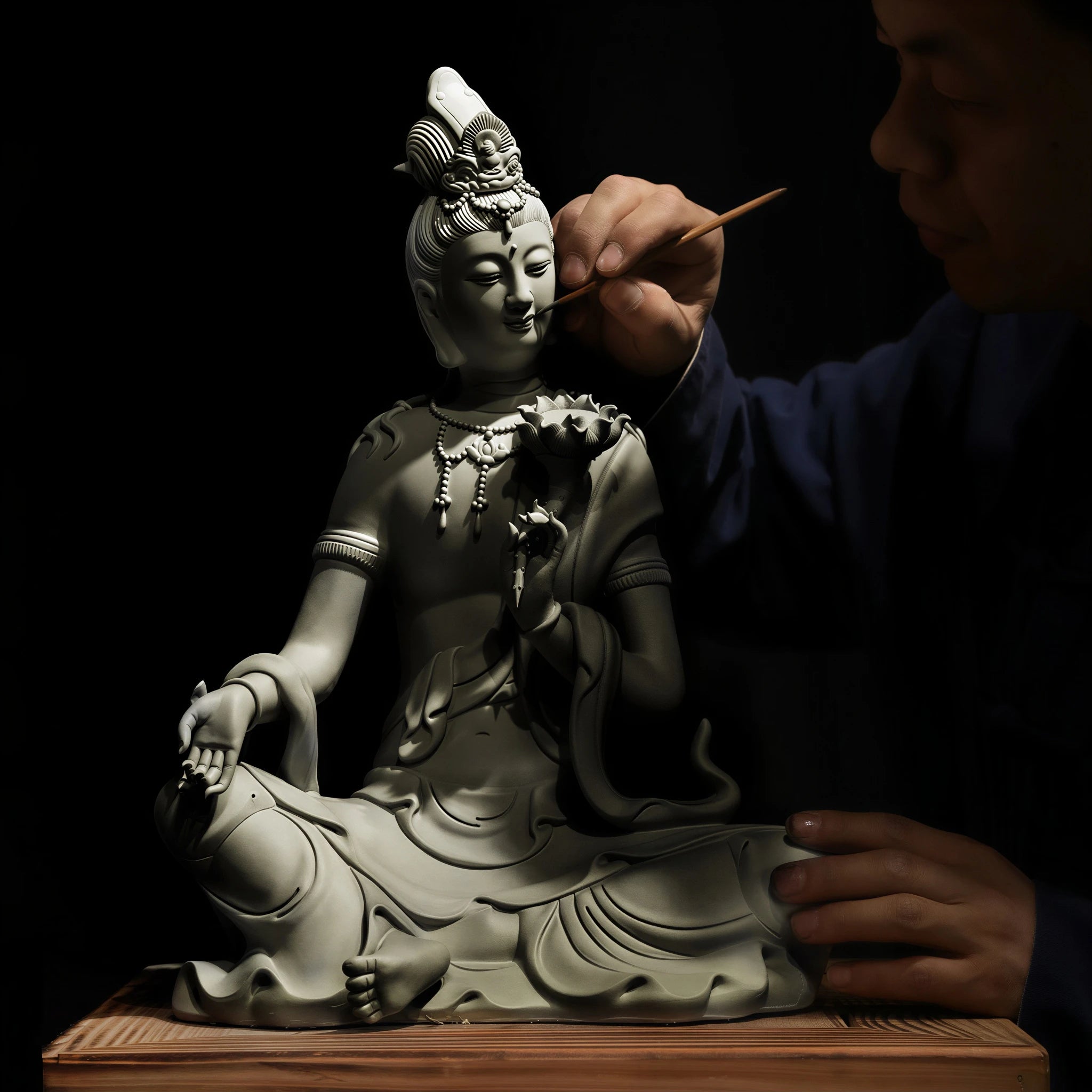 Workshop view showing the porcelain figure during the forming process