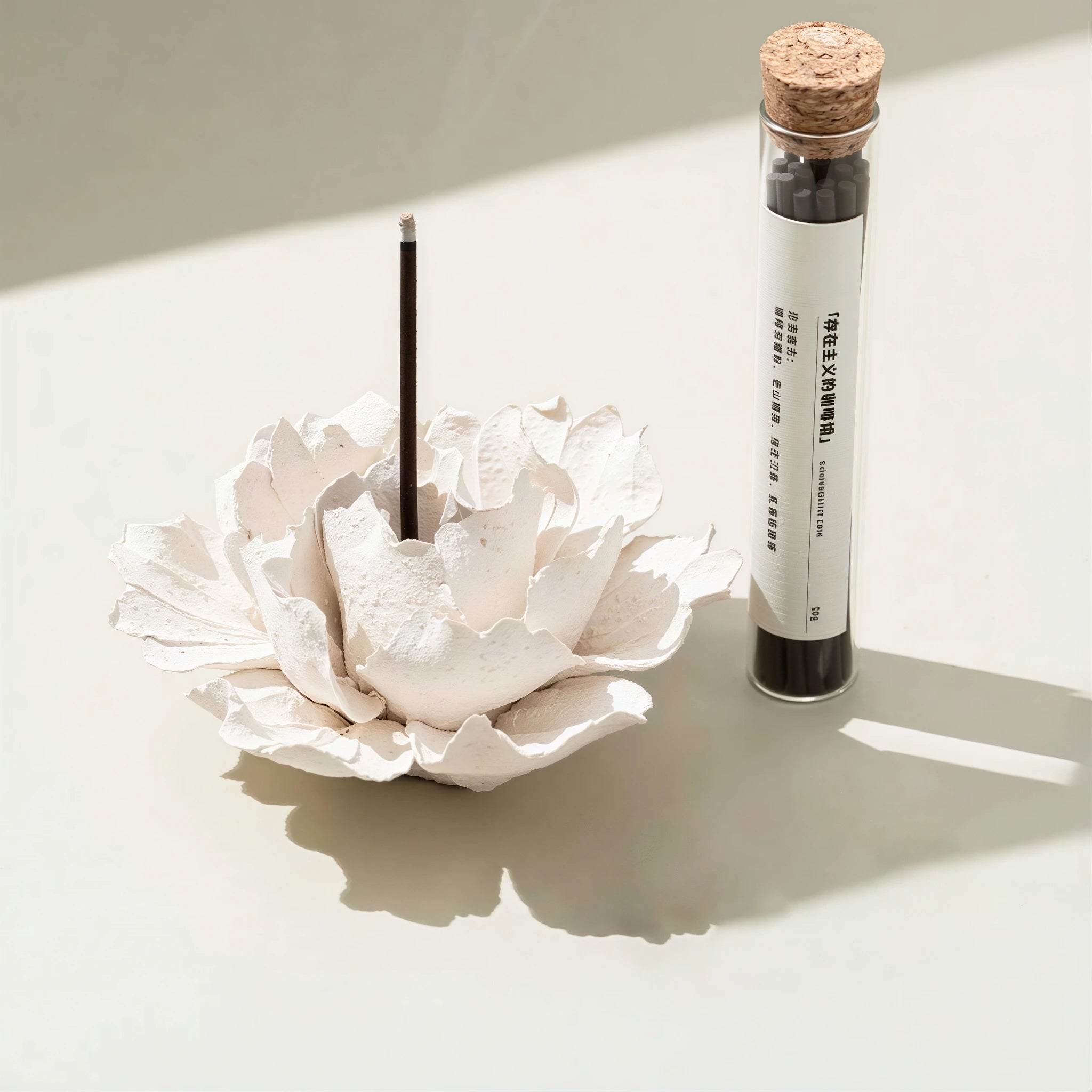 Angled view of the white ceramic blossom with incense tube