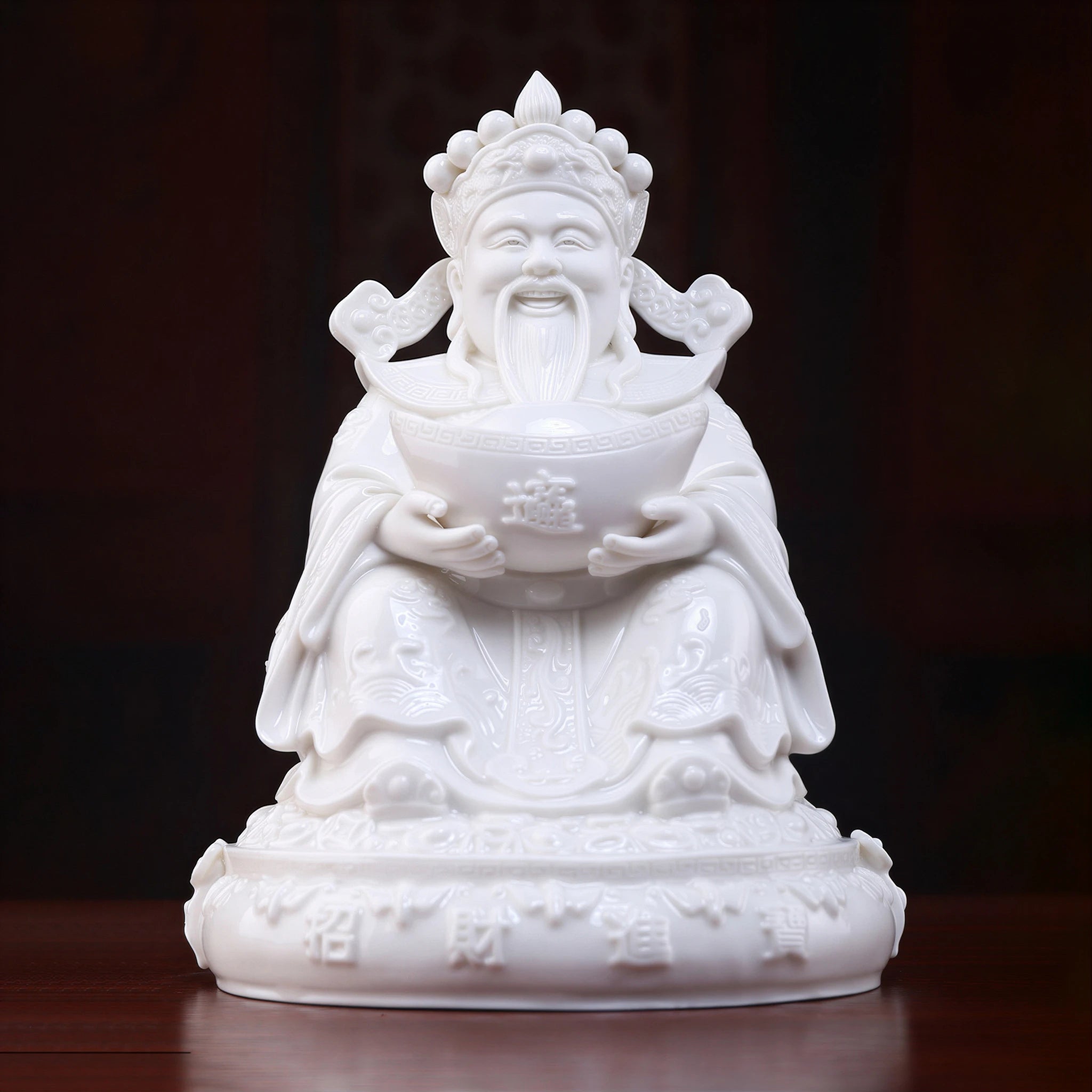 Close view of the Fu Bao Caishen expression in white Dehua porcelain