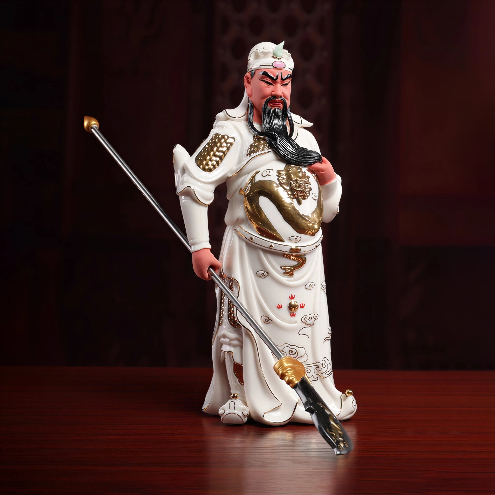 Angled view of the standing Guan Gong and fitted crescent blade