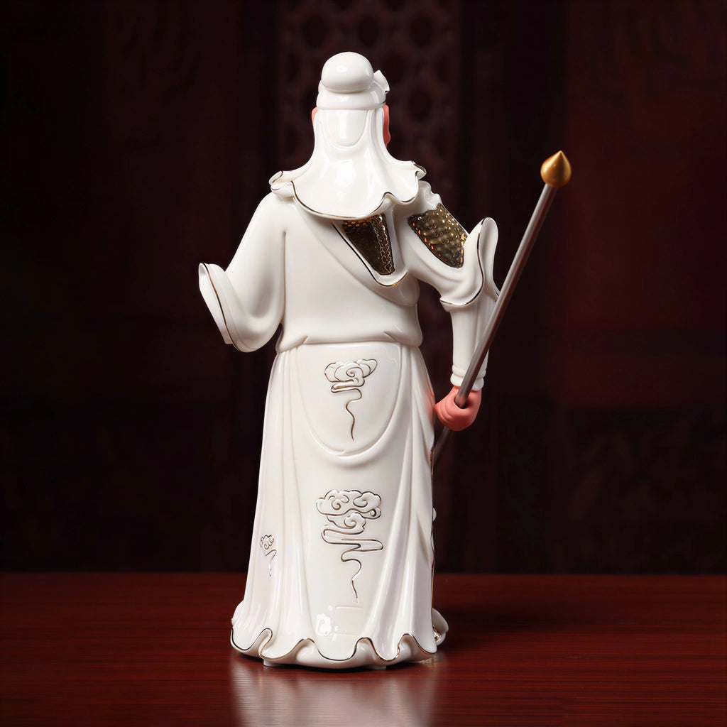Rear view of the white porcelain standing Guan Gong robe