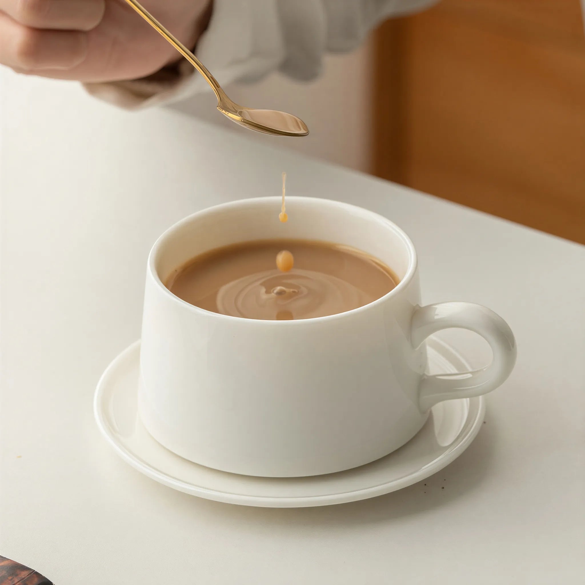 Coffee being stirred in the low Dehua white porcelain cup on its saucer