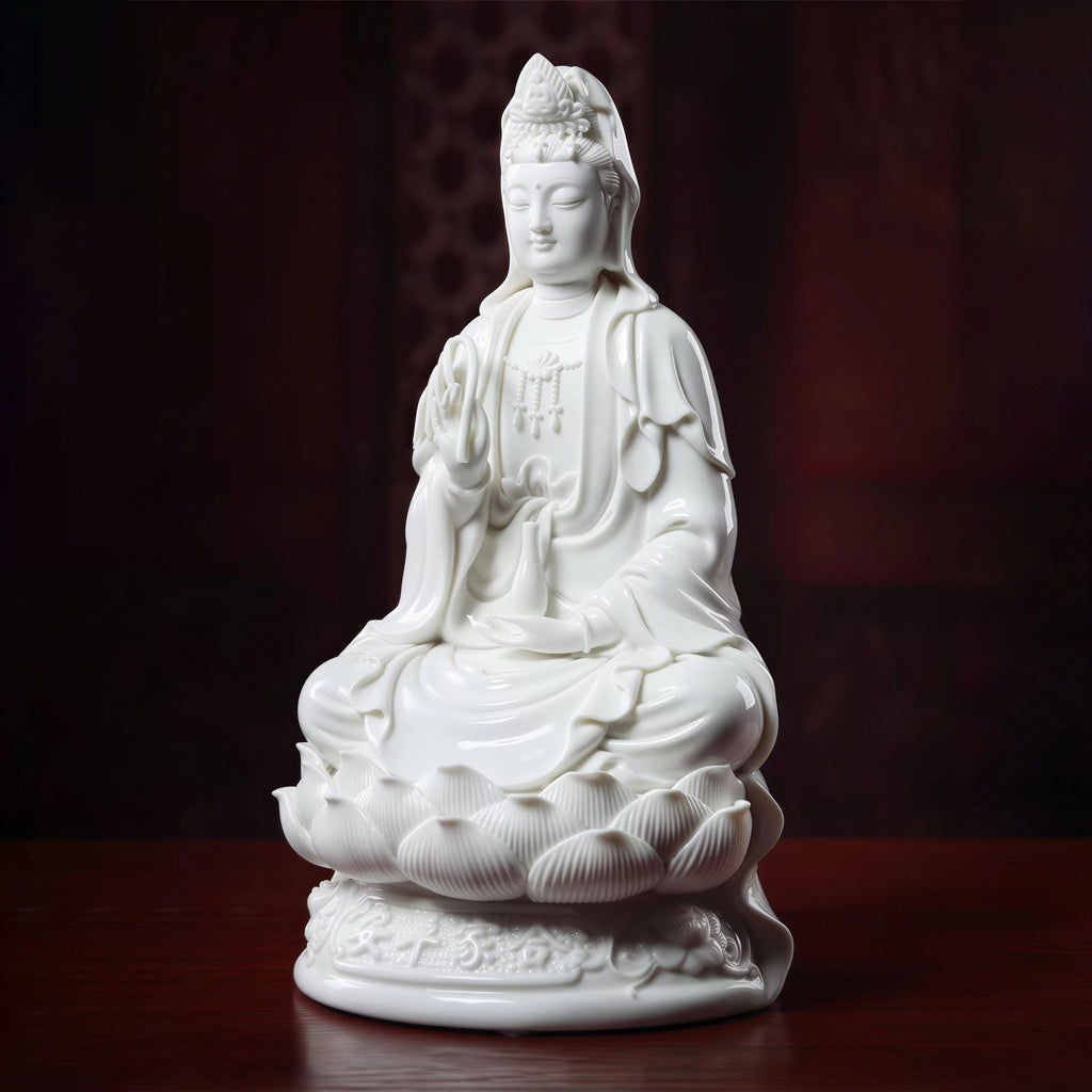 Side view of the seated white porcelain Guanyin sculpture