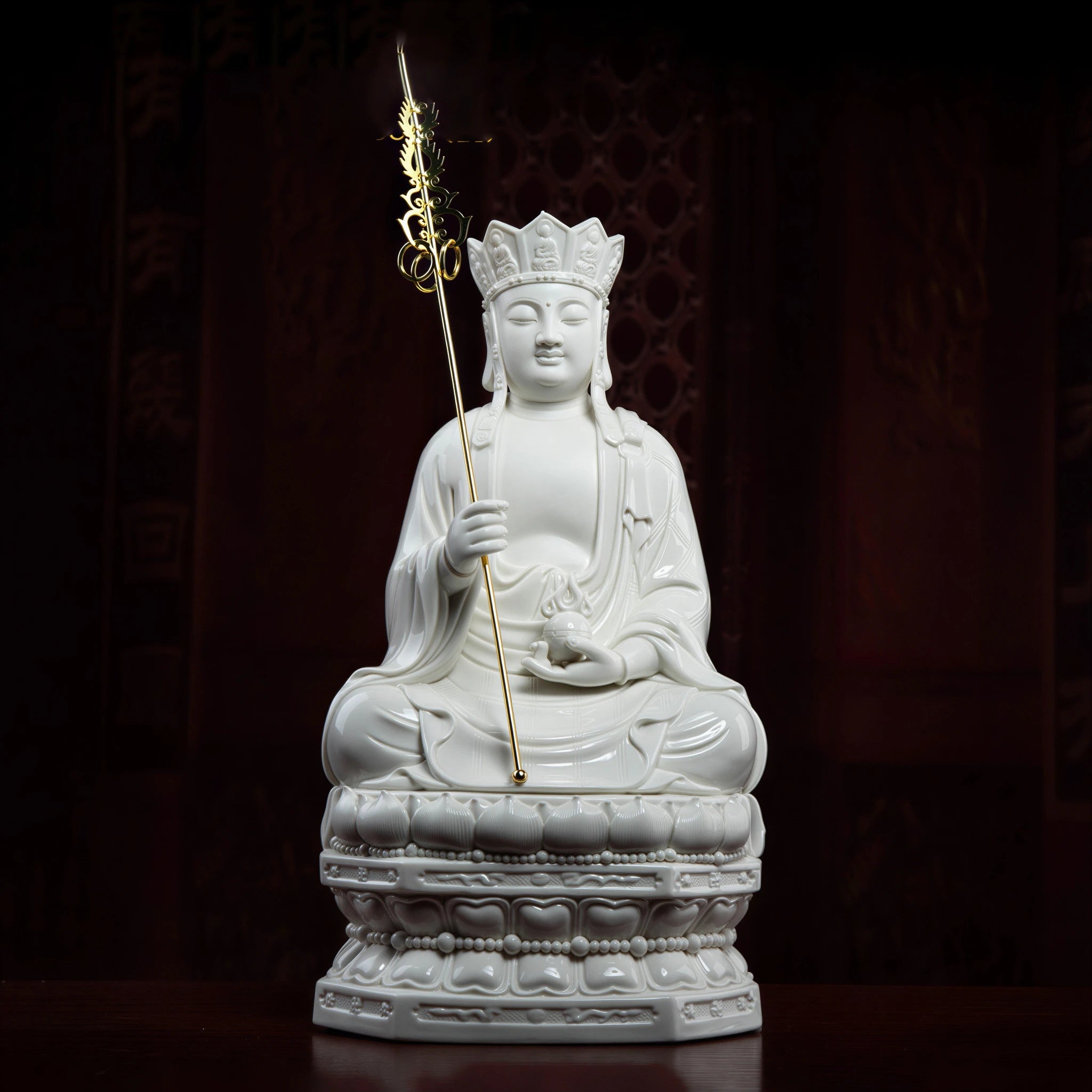 Pure-white Dehua porcelain Ksitigarbha on a tiered lotus