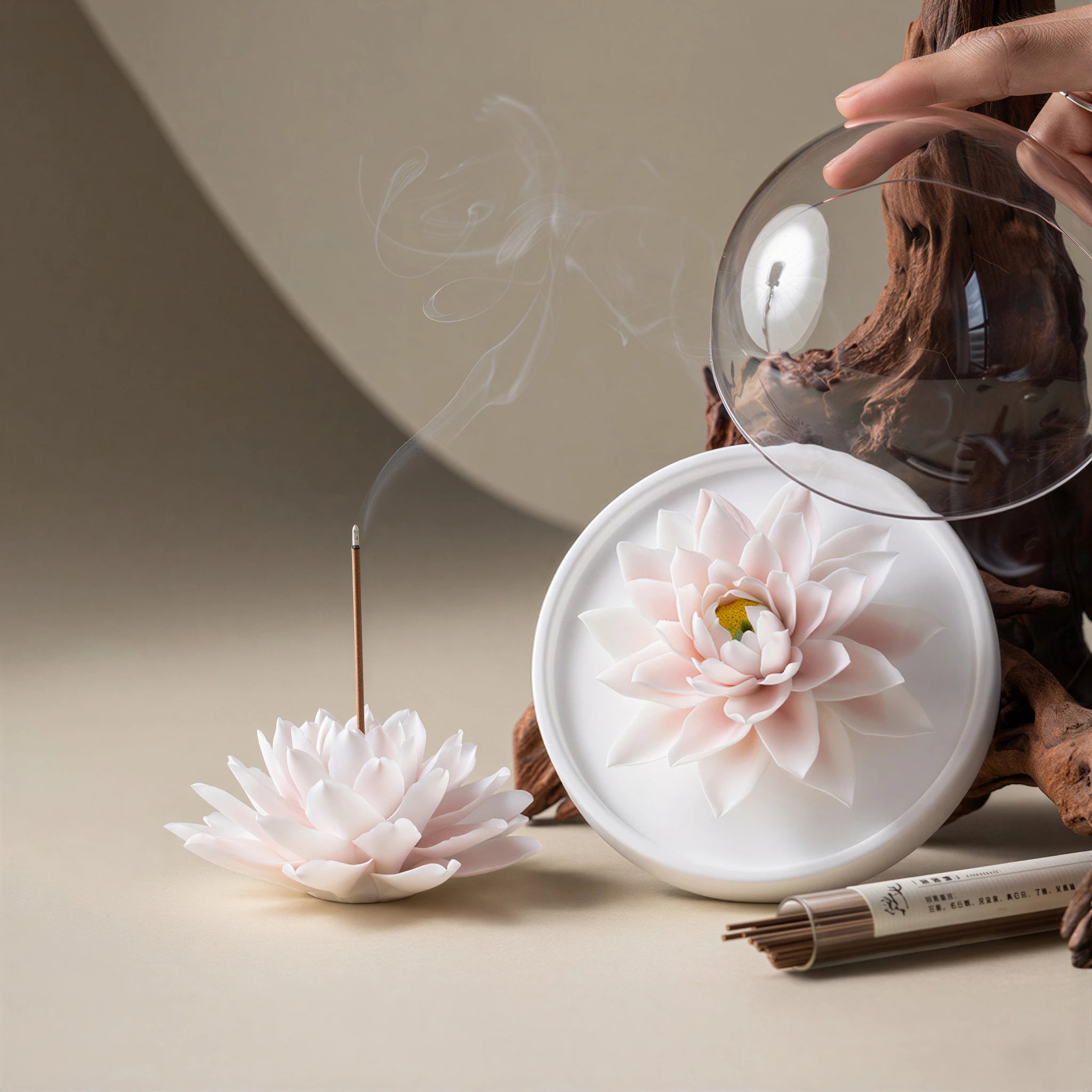 White Dehua porcelain lotus displayed beneath a clear dome