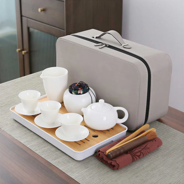 Dehua White Porcelain Portable Gongfu Tea Set with Bamboo Tray