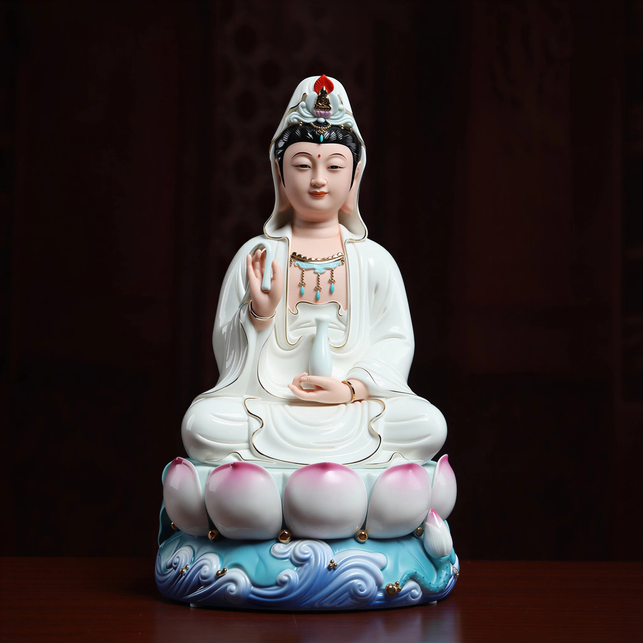 Front view of a white-robed Dehua Guanyin on lotus and waves