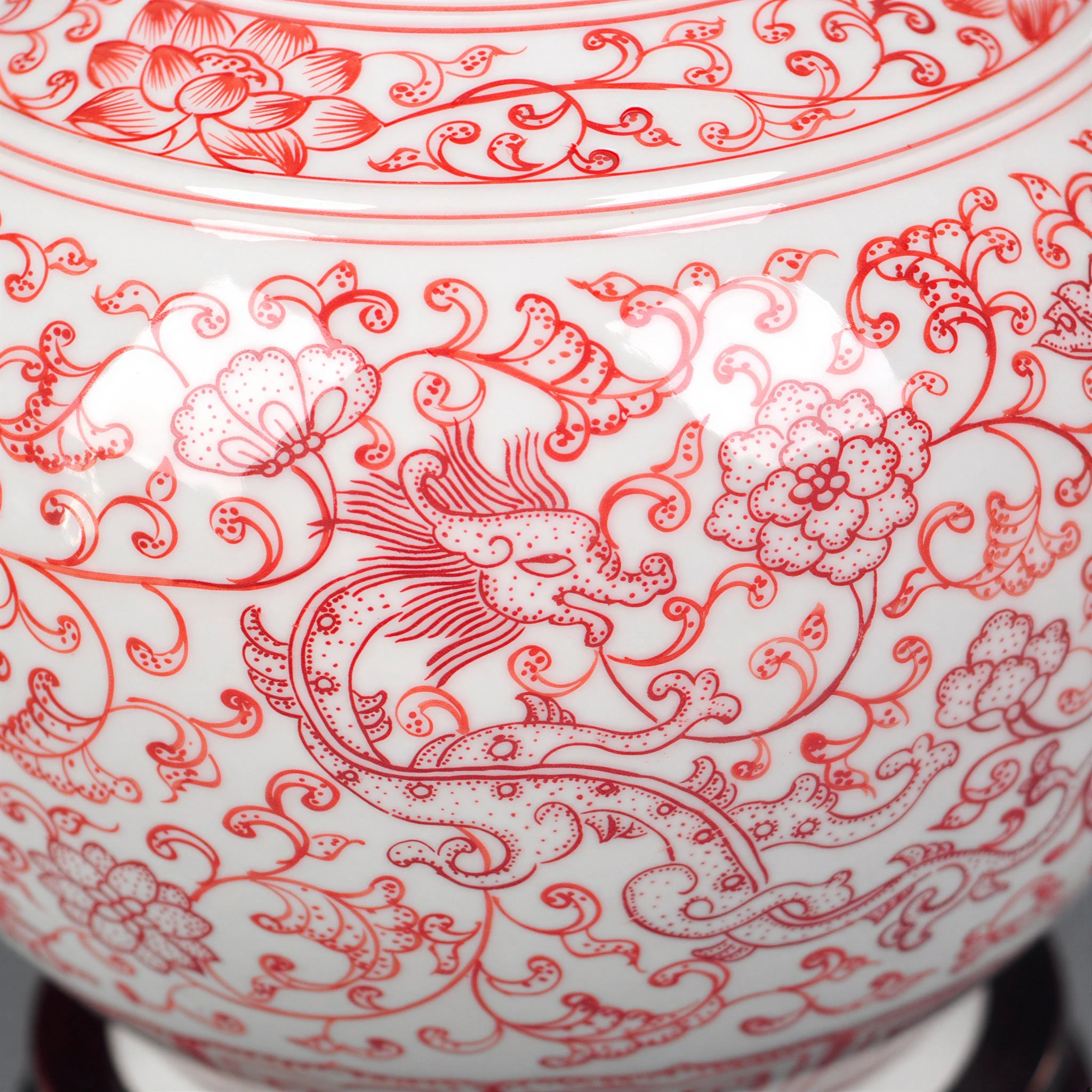 Close view of underglaze-red lotus scrolls on the Shangping vase