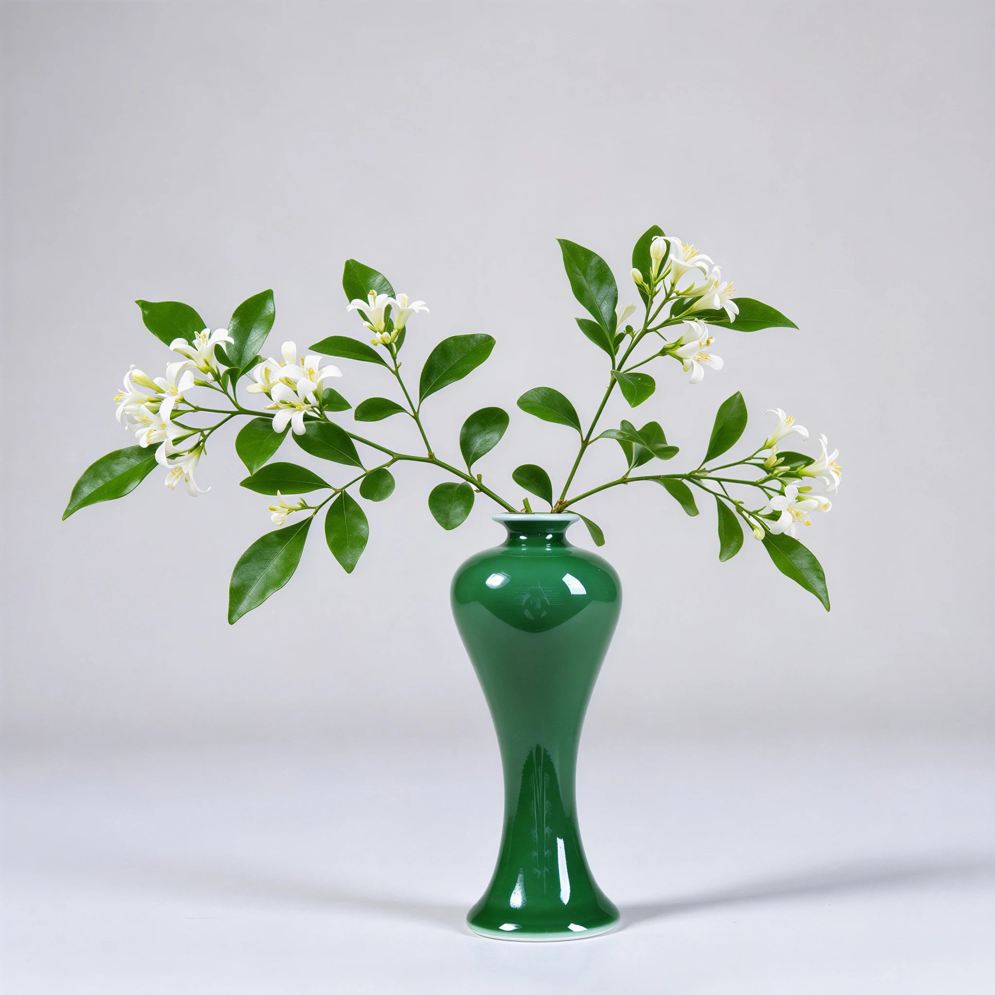Emerald-green Meiping porcelain vase holding small white flowering branches.