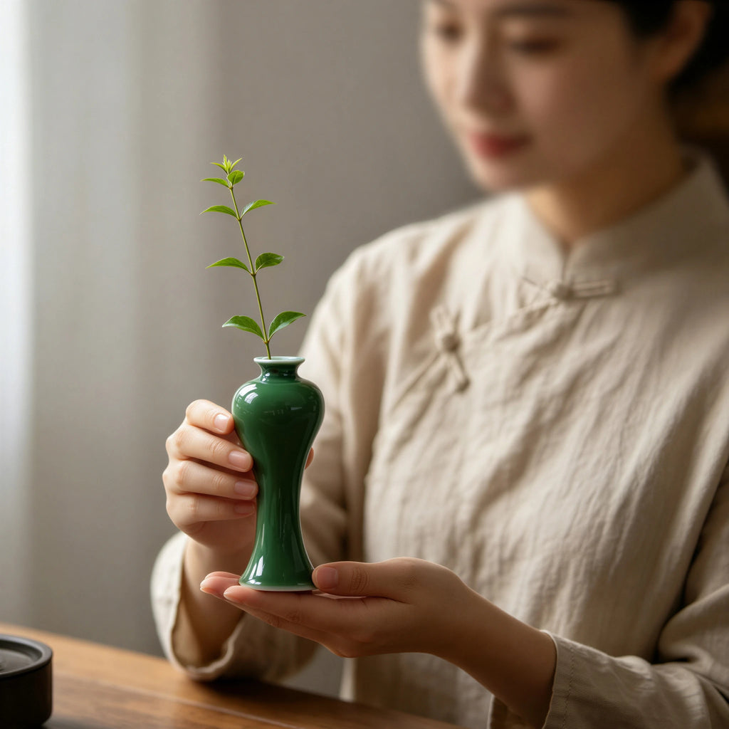 Hand holding a small emerald-green Meiping porcelain vase with a single cutting.