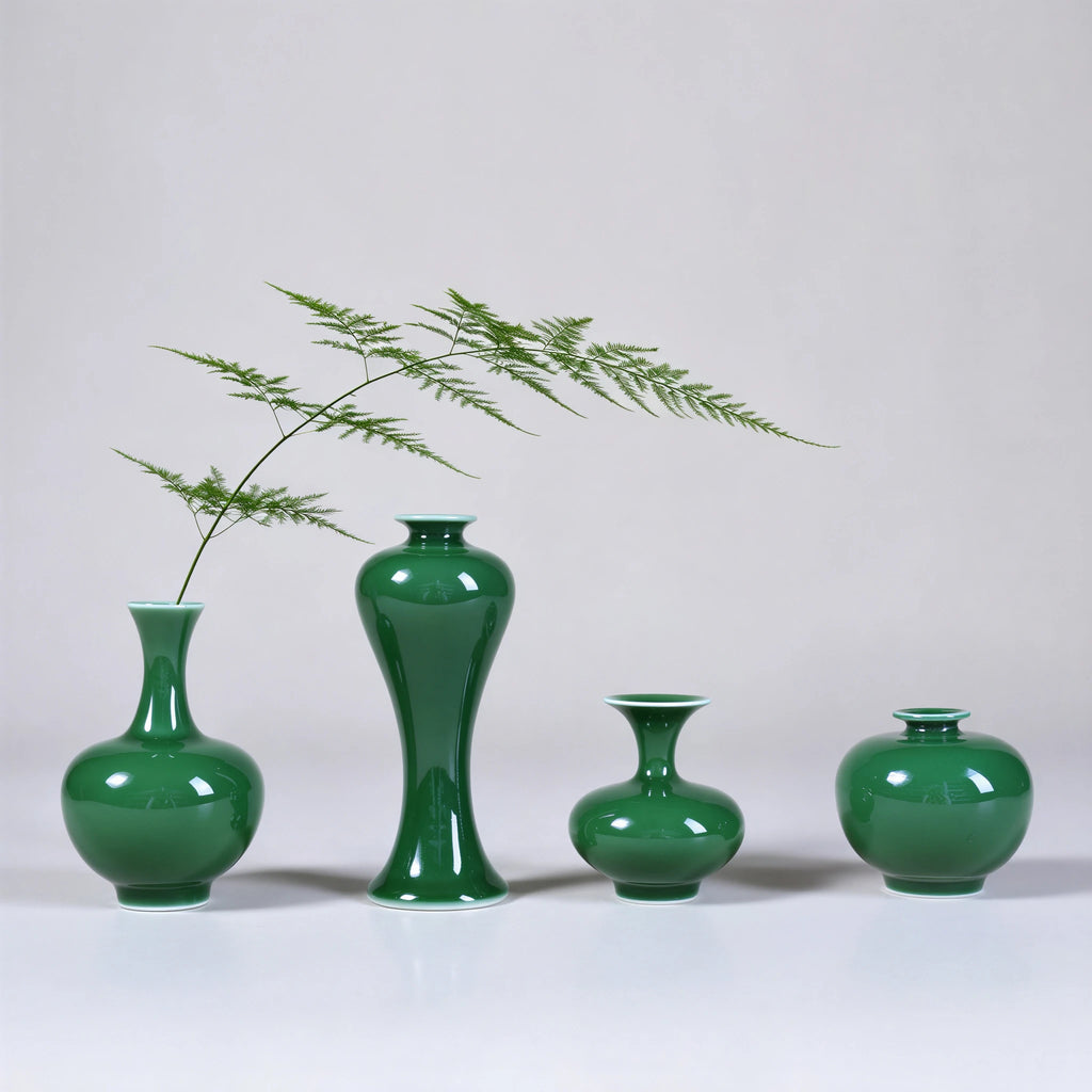 Emerald-green miniature porcelain vase set with a fine green branch in one vase.