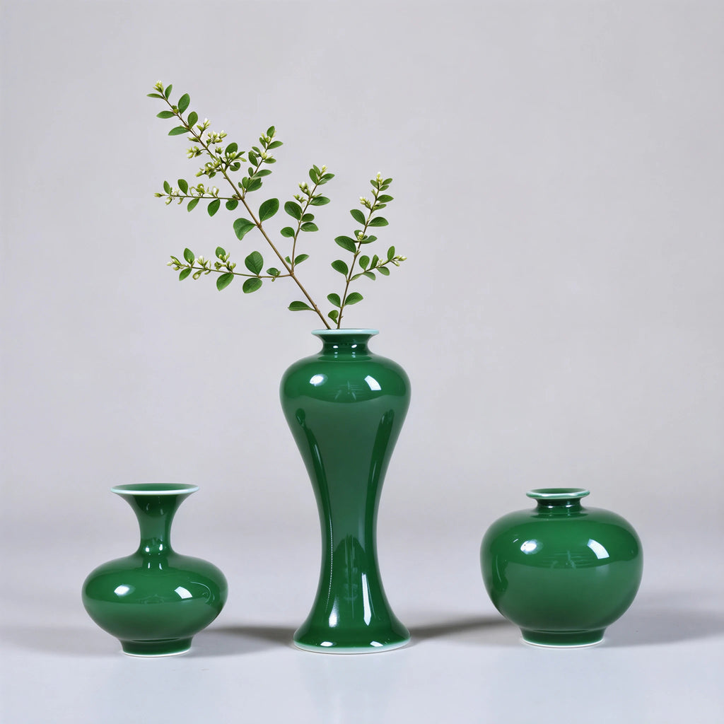 Three emerald-green Jingdezhen porcelain vases with a spring cutting in the center vase.