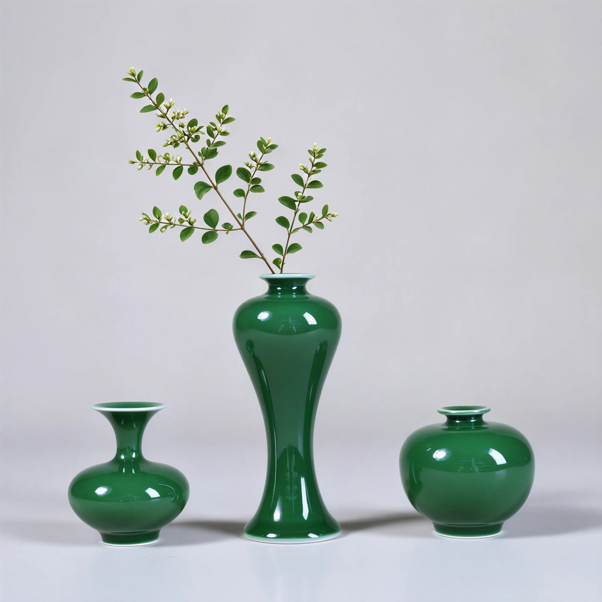 Three emerald-green Jingdezhen porcelain vases with a spring cutting in the center vase.