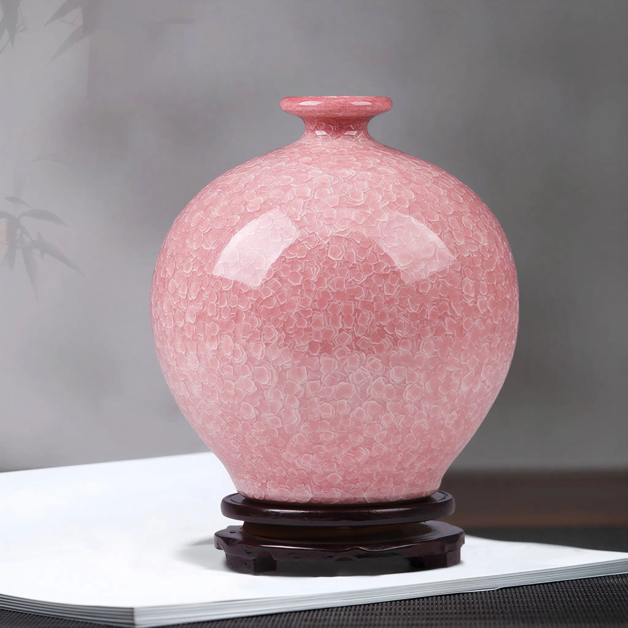 Blush Pink Crackle Glaze Pomegranate Vase