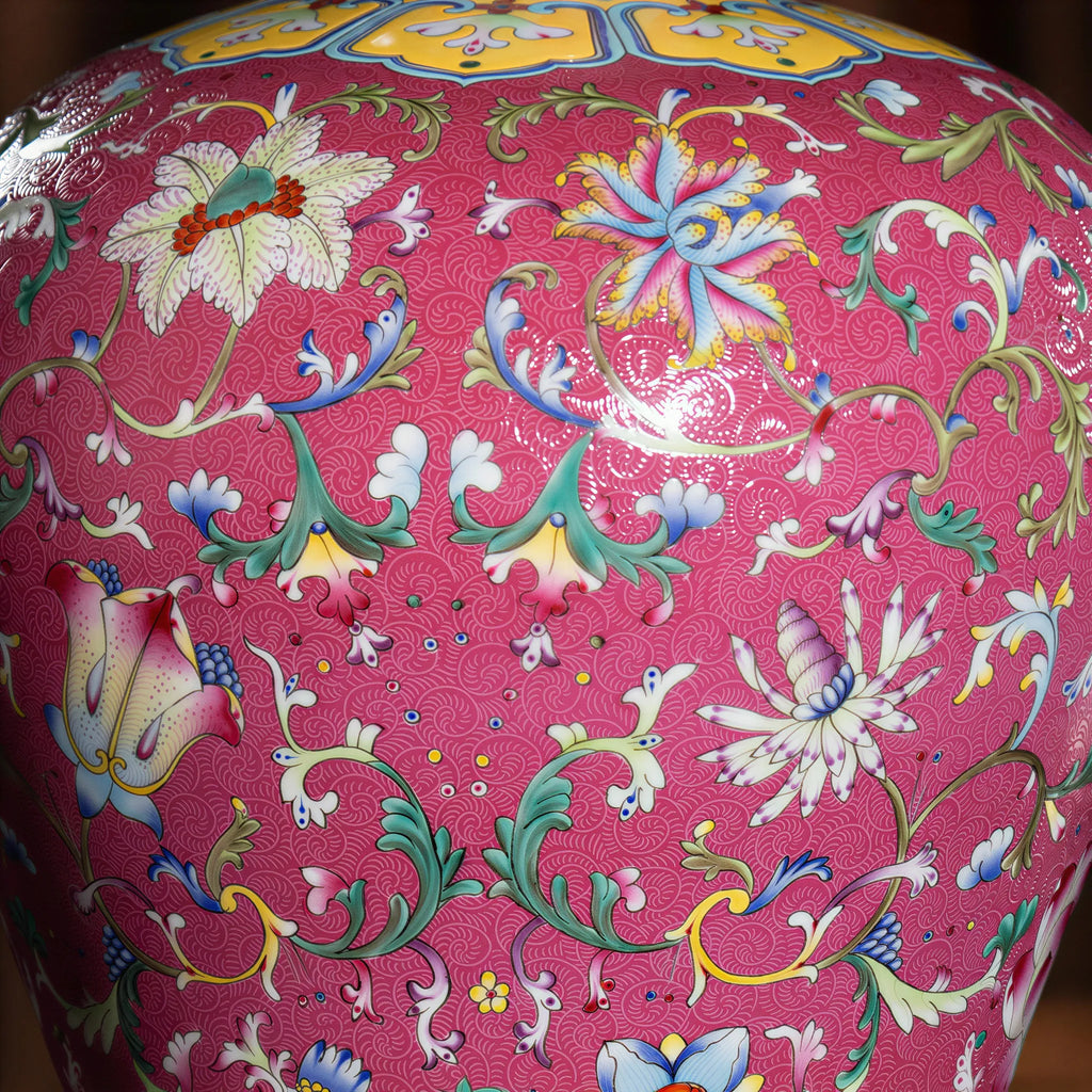 Famille rose floral enamel over the incised carmine ground