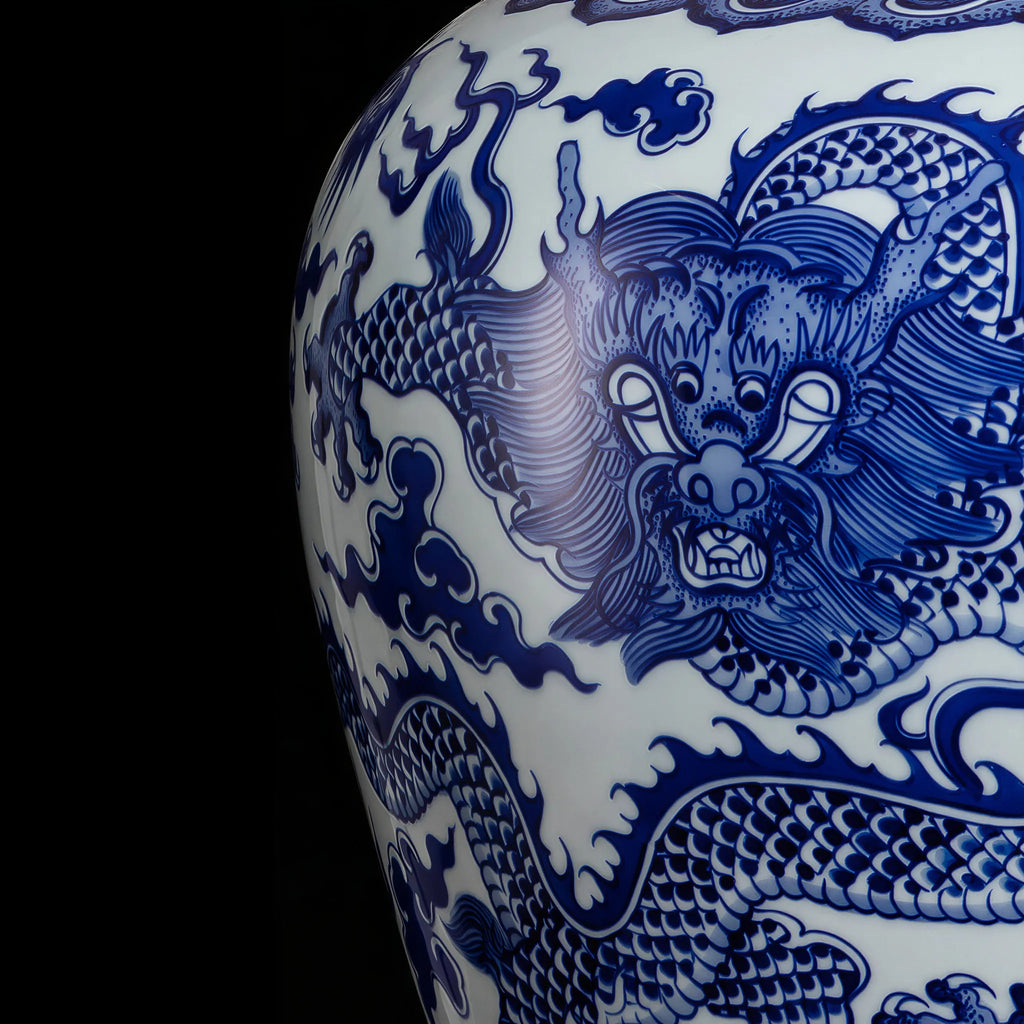 Hand-painted dragon, cloud, and wave motif in cobalt blue