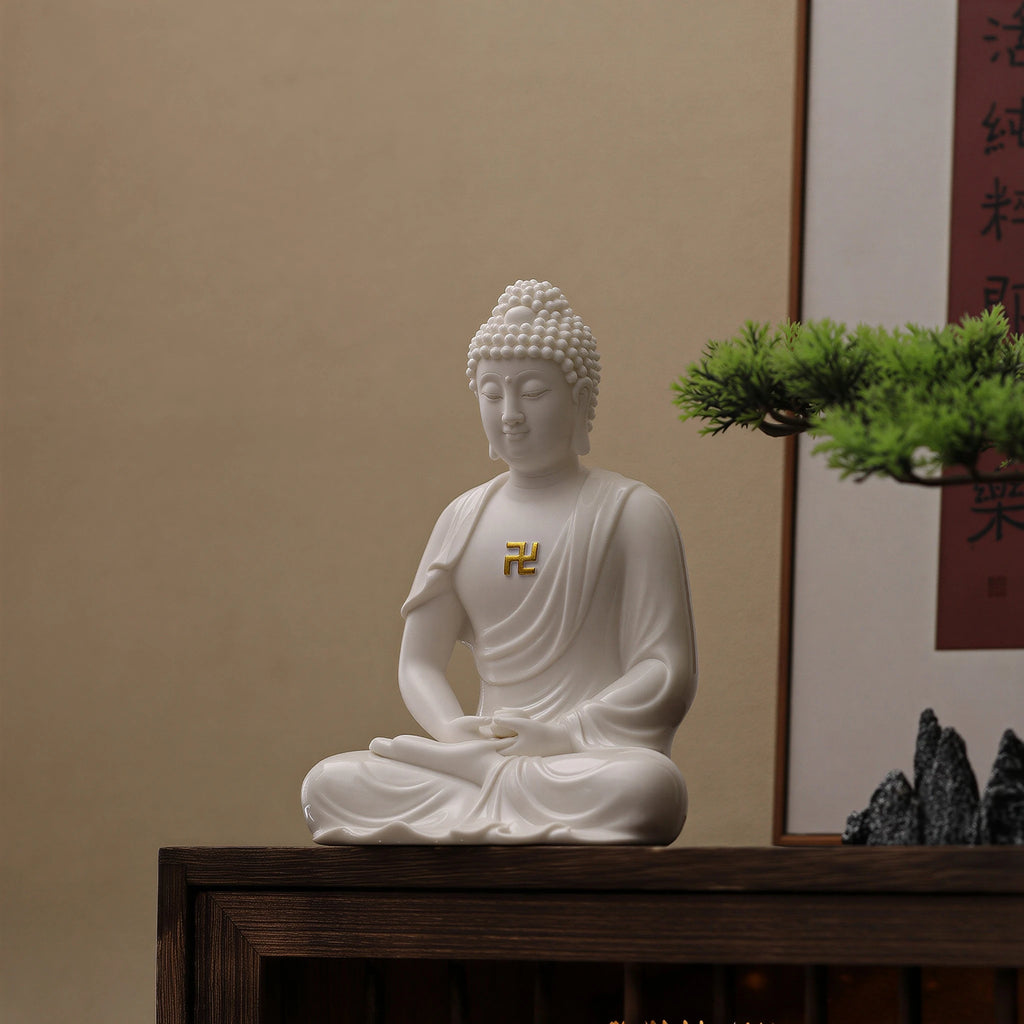 Gloss-white Amitabha Buddha displayed on a wooden console in a quiet interior