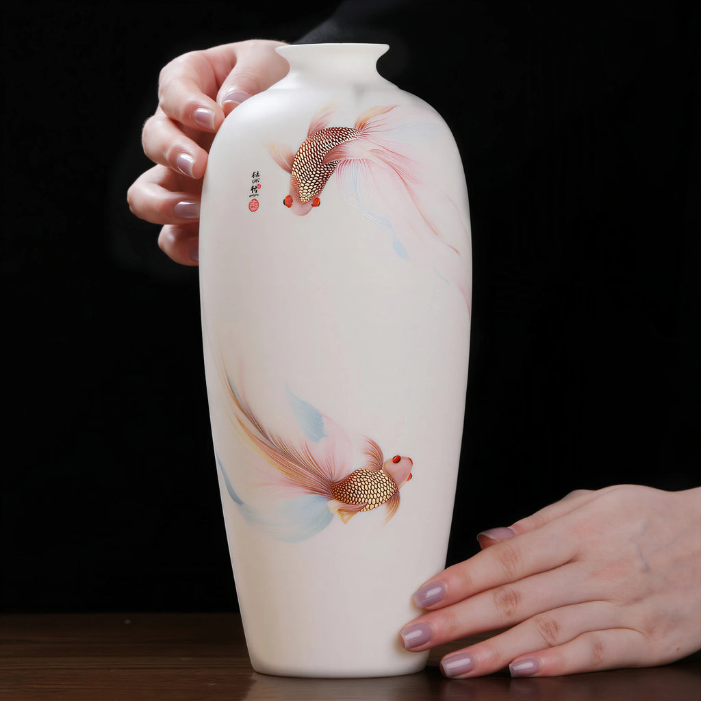Goldfish Meiping vase held between two hands to show its cabinet-scale proportions